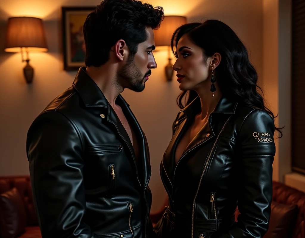 "Attractive man and woman in the dramatic film scene with a background voice, cuerpos musculosos, barba, rostros detallados y expresivos".