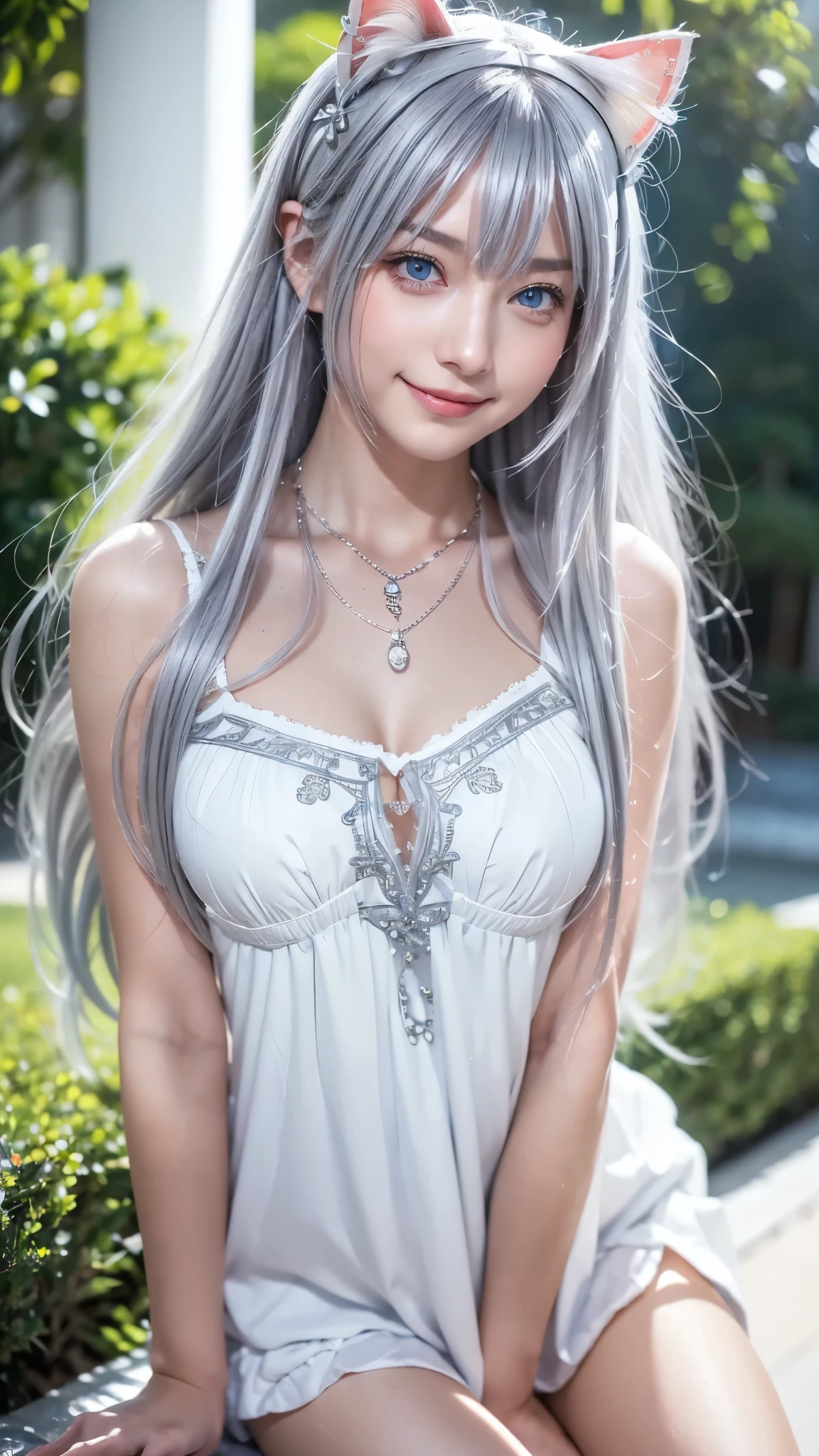 (masterpiece:1.3), (8k、Photorealistic, RAW photo, Highest quality:1.4), (1 girl), (Alone), ( beautiful silver hairのスカンジナビアの女の子), ( とても美しく attractive女性, beautiful silver hair、 dark blue eyes that grab an erection, Strong eye emphasis), (cute, little:1.5), ( very beautiful face:1.5), (beautiful faces with perfect symmetry:1.2), (cute face:1.5), ( nice smile :1.2), (PERFECT ANATOMY), ( High Detail Skin : 1.2), (Natural Breasts), ( Beautiful Thighs), ( dark blue eyes that grab an erection), ( beautiful silver hairボブカット), side bangs, asymmetrical bang , lip gloss, (Accurate Arm, five fingers, Accurate legs), (Detailed white dress , miniskirt:1.2), ( beautiful silver haired Scandinavian girl ., beautiful face with silver embroidery ), (Silver decorative headband, necklaces), ( Stylish High Heels ), attractive, Ultra High Definition, super real, very detailed, golden ratio, realistic anime girl rendering, Realistic Anime 3D Style , viewers after shaving armpit hair, Coastal resort in summer, Beautiful sea and flower background, ((beautiful smile)), (Cat ears)
