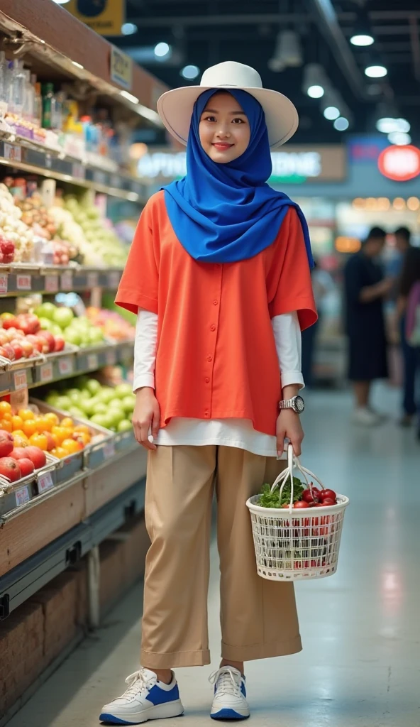 (wear hijab:,(best quality：),beautiful lighting,perfect and realistic shadows, smooth and flawless white skin, amazingly beautiful facial details, (perfect body: 1.1), very detailed, beautiful 20 year old girl, small head , slim, skinny, Smile, cheerfulness ,(White sneakers: 1.3), standing, In a convenience store, (Vegetable and fruit textures look realistic, trousers, bright lights, Portrait photo, from the front ,