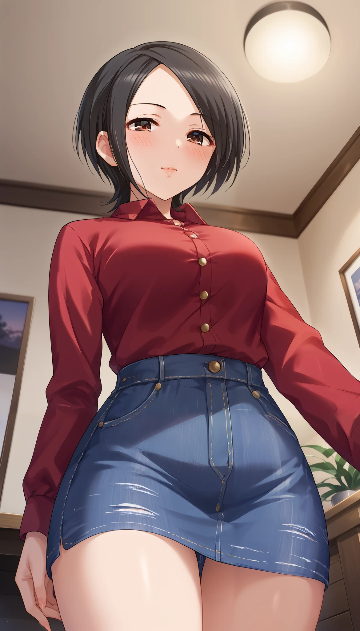 Tougou Ai、 red shirt、denim tight skirt、room、(((low angle)))、((Close-up))、night、 Ulchan-6500-v1.1, ( RAW photos :1.2),  beautiful detailed , very detailed目、Brown Eyes 、 The file size is large, High Resolution, very detailed, Highest quality, [masterpiece:1.6], Awareness-raising, very detailed, CG, finely, Highest quality, 8K wallpaper,  Perfect Body 、躍動感、very detailed、short hair、 black hair、blush、 thighs