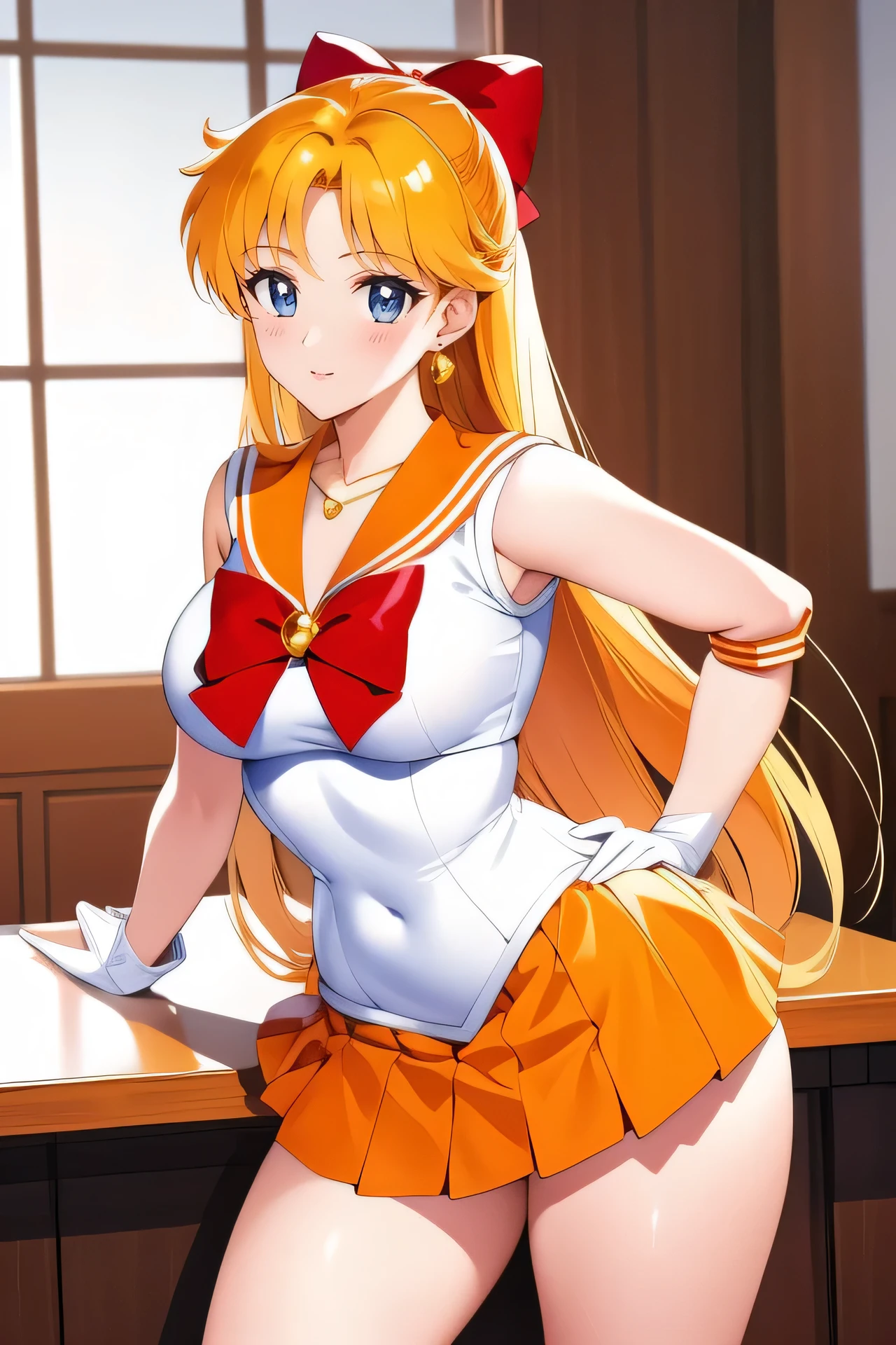 Aino Minako,Minako Aino,Sailor Venus,Sailor suit, white top, sleeveless, orange necklace, golden hair, perfect figure, long gloves, half body, hands on the table, leaning forward, hips raised, orange short skirt, ultra short skirt, beautiful woman, beautiful legs, white underwear, long hair, tied with a big red bow at the back of the head, masterpiece, perfect figure, high definition