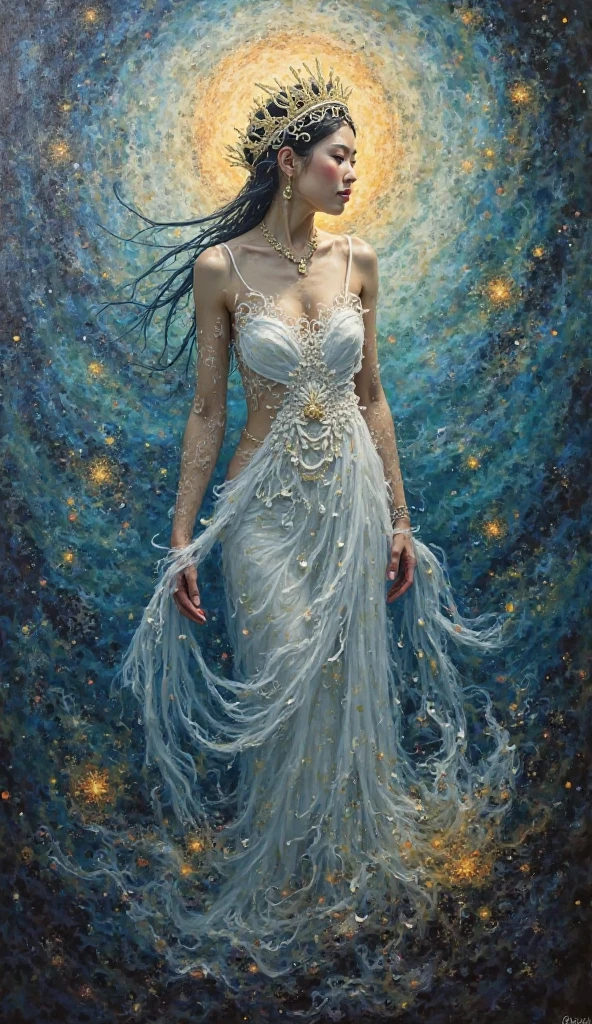 (best quality, masutepiece), young  woman, vestido azul medieval da princesa, Posar, Particle, vento, flor, parte superior do corpo, fundo da noite da lua cheia, Olhando para o Viewer, longos cabelos dourados lisos soprados pelo vento, olhos azuis detalhados, galaxy, back lighting, Luzes de aro, beautiful artwork, perfect composition