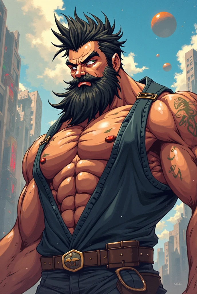 A burly, virile, and hairy werewolf, exuding the irresistible charm of a himbo muscle daddy. His middle-aged features, adorned by a long, bushy beard and a thick mustache, reveal a life of experience and adventure. His body, sculpted into a warrior's build and a bodybuilder's physique, is a testament to his unyielding dedication to physical fitness. The hair on his chest and belly forms a carpet of thick fur, while his hairy arms and legs are adorned with a natural, untamed layer of hirsute. Every muscle on his overmuscular and musclebound frame is defined and bulging, veins pulsing beneath the surface, hinting at his incredible strength. Despite his advanced age, his grey hair only adds to his handsome and dreamy appearance.