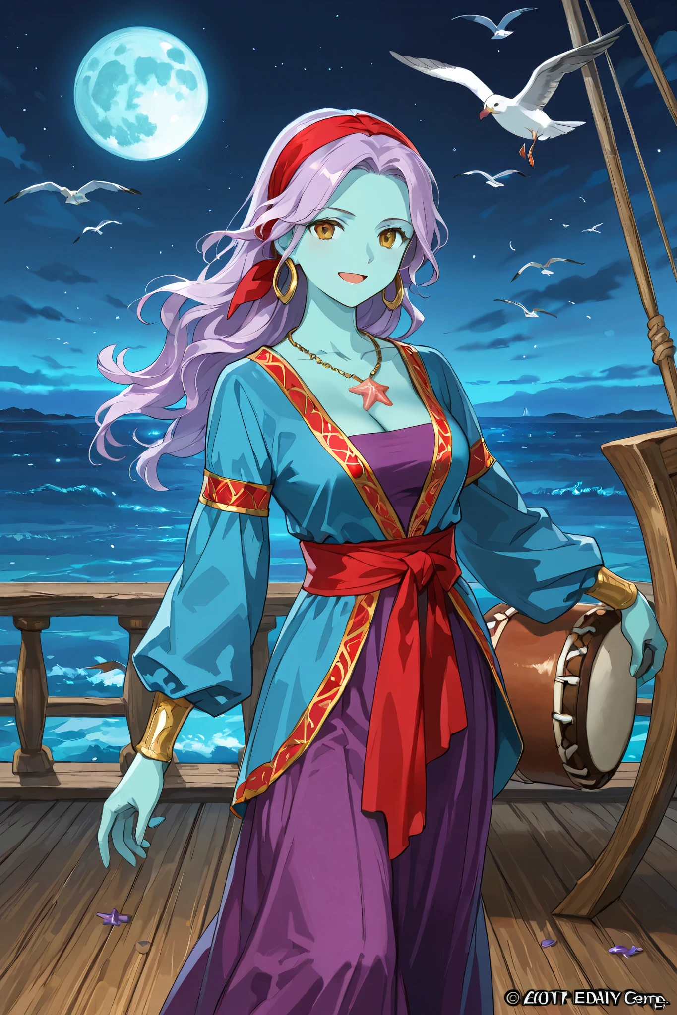 triton, solo, female, turquoise skin, lavender colored hair, gold eyes, red gypsy headband, (cream colored 18th century dress, gypsy style), beautiful body, starfish necklace, dazzling, graceful, smiling, holding a small tribal drum her right hand, standing on the deck of a wooden ship, night scene, full moon in sky, seagulls flying in background, dungeons and dragons, fantasy art, up,