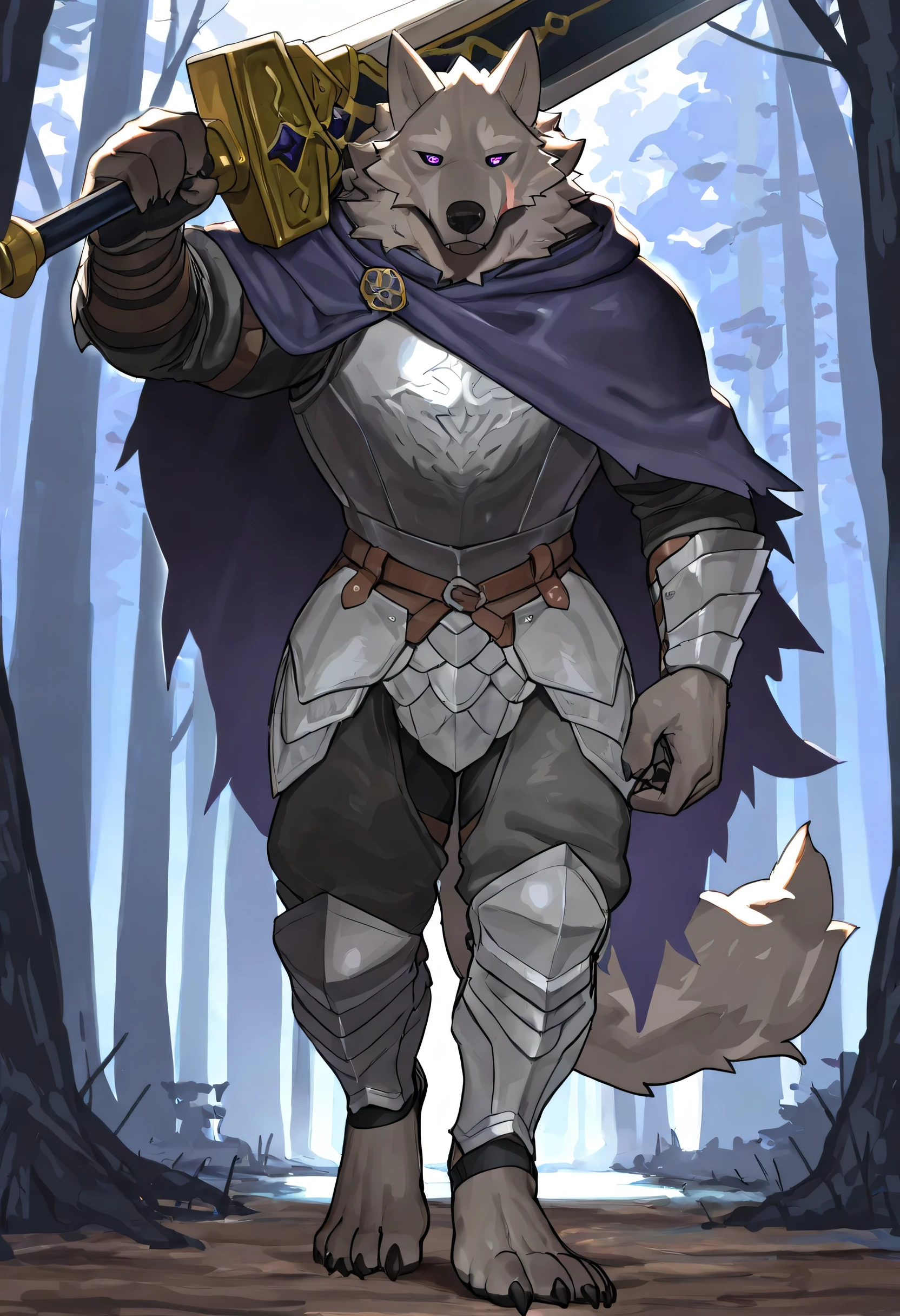 ((soft shading, 4k, hi res, detailed face, detailed, Best quality, masterpiece, detailed anatomy, detailed eyes, detailed hands with claws, detailed feet, perfect lighting, perfect shading)), By Syuro, by Buta99, by Bebebebebe, Blaidd, 1male, Wolf, Muscular fit body, gray furs body, body with many scars, mess tail, black sclera, purple eyes, armor chest and pants, large dark blue hood, holding a great sword on right shoulder, in the fog forest, walking