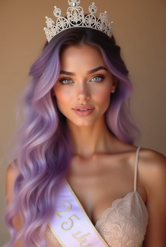 A young woman with hair in a purple and pink gradient, flowing gently like the tide around your shoulders. Tiny rose quartz crystals are woven into her hair strands, adding a magical glow. Your eyes are a deep lilac, with a mesmerizing and enigmatic look. Your skin has a soft glow, as if illuminated by moonlight reflected in the ocean. The background is a mix of soft shades of blue and purple., with small bubbles rising, evoking the serenity of the seabed. 8 k quality, magical and engaging style.
