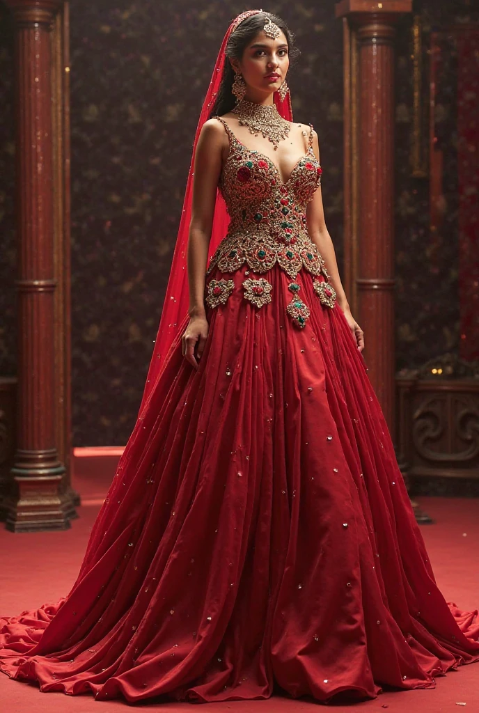 An Indian woman in a crimson dress standing in front of a flowery background, crimson dress, ornate crimson clothing, flowing gown, crimson dress, dressed in a beautiful gown, crimson tones, crimson, an elegant crimson, beautiful flowing fabric, stunning elegant, extravagant dress, stunning elegant pose, elegant evening gowns!, flowy dress, graceful and elegant.