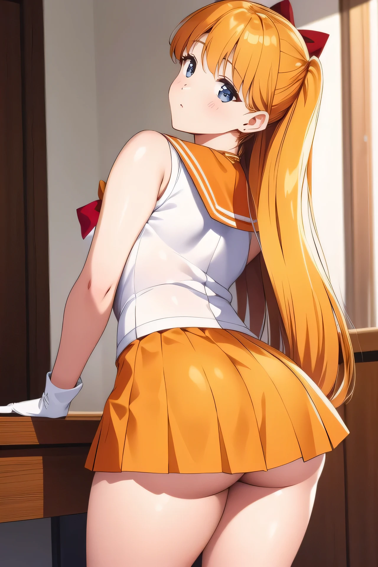Aino Minako,Minako Aino,Sailor suit, white top, sleeveless, orange necklace, golden hair, perfect figure, long gloves, back to the camera, looking back, hands on the table, leaning forward, buttocks raised, revealing white underwear, orange short skirt, ultra short skirt, beauty, Legs, long hair, tied with a big red bow at the back of the head, masterpiece, perfect figure, high definition
