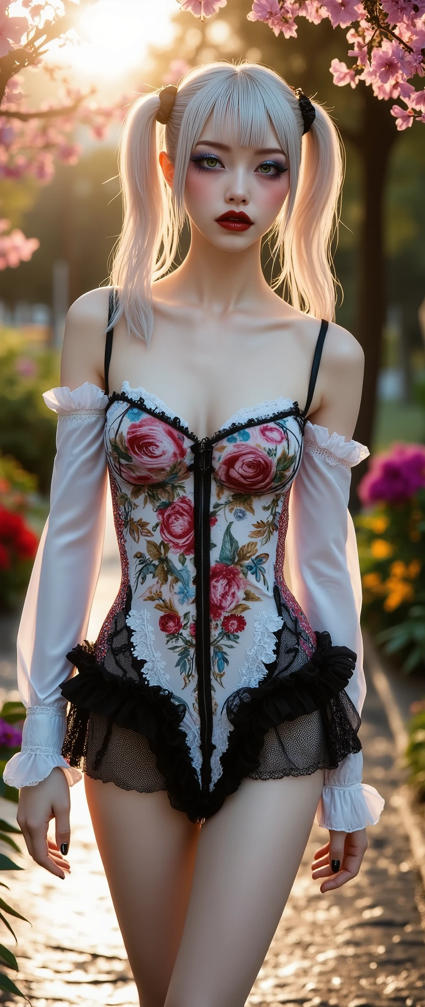  [Style: "masterpiece, realistic (Photorealistic realism), Hyper high resolution, (ultra quality, intricately detailed digital art), focus on extremely Realistic Proportion Body"] (Key Directive: "Prioritize anatomical accuracy and material textures") "Portrait of {a woman with, wearing a dress, standing in a garden | ultra realistic texture details: velvety skin, hair}" {Character: "20-year-old white woman" | Face: "symmetrical, pale skin, full lips, red lipstick: 1.15" | Eyes: "((sharp focus, no blurry eyes, Hyper absurd quality, Hyper details, Hyper realistic green eyes:1.4))" - "((extra narrow eyebrows))" - "(Carefully draw Long blue_mascara:1.35)" - "(perfect round eyes)" | Makeup: "detailed lips:1.3, (apply glossy red_lipstick:1.25)" | Hair: "white with pigtails, blue bangs (setting light reflections: 0.5)" | Pose: "dynamic side position" | Outfit: [Top: - "White Dress made of (clothes made of silk and flower, lace fishnet, tight fitting dresses:1.25)] [Bottom: "Ruffled Black Gothic Punk Skirt (lace with fishnets, white lace-up:1.3)]" - "Ultra intricate detailed ((she is the embodiment of beauty and allure, Dressed in a breathtaking and sophisticated floral bodysuit, elegant and sophisticated fashion:1.2)) | Environment: "garden street at sunset (((rain-slick cobblestones), colorful flowers, cherry blossoms))" | (Post-production: "chromatic aberration: 0.7") (Rendering engine: "Unreal Engine 5 path tracing, 16K texture maps"). The ultra-Highres,Unreal 5,Subsurface scattering,PBR Texturing,Post-Processing,Anisotropic Filtering,depth of fields,Maximum Sharpness and Sharpness,multi-layered texture,Albedo and Specular maps,Surface Shading,Precise simulation of light-material interactions,perfectly proportions,Octane rendering,Two-tone illumination,Wide Aperture, low ISO, white balance, The rule of thirds }
