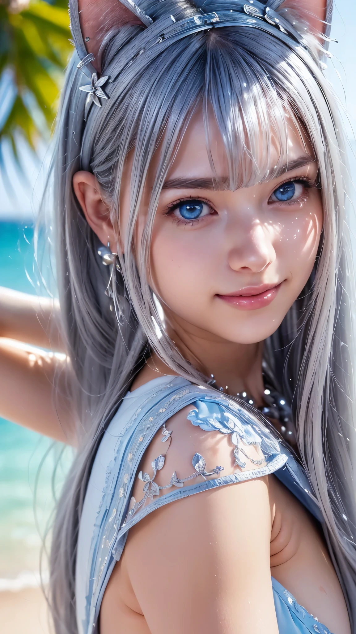 (masterpiece:1.3), (8k、Photorealistic, RAW photo, Highest quality:1.4), (1 girl), (Alone), ( beautiful silver hairのスカンジナビアの女の子), ( とても美しく attractive女性, beautiful silver hair、 dark blue eyes that grab an erection, Strong eye emphasis), (cute, little:1.5), ( very beautiful face:1.5), (beautiful faces with perfect symmetry:1.2), (cute face:1.5), ( nice smile :1.2), (PERFECT ANATOMY), ( High Detail Skin : 1.2), (Natural Breasts), ( Beautiful Thighs), ( dark blue eyes that grab an erection), ( beautiful silver hairボブカット), side bangs, asymmetrical bang , lip gloss, (Accurate Arm, five fingers, Accurate legs), (Detailed white dress , miniskirt:1.2), ( beautiful silver haired Scandinavian girl ., beautiful face with silver embroidery ), (Silver decorative headband, necklaces), ( Stylish High Heels ), attractive, Ultra High Definition, super real, very detailed, golden ratio, realistic anime girl rendering, Realistic Anime 3D Style , viewers after shaving armpit hair, Coastal resort in summer, Beautiful sea and flower background, ((beautiful smile)), (Cat ears)