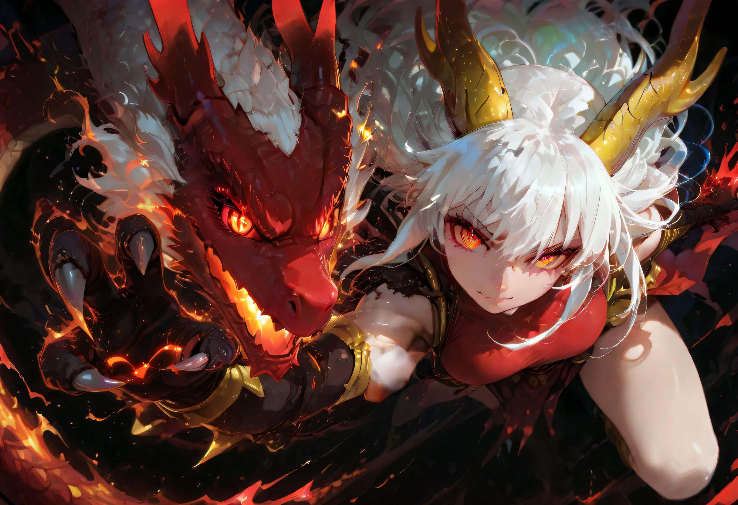 A (((dragon goddess))), with (((red, black, and white hair))), flawlessly smooth skin, and (((sharp, bright dragon eyes))), that exude an (attack-like posture), extending a (((dragon claw))) towards the viewer, in a (vividly detailed dragon silhouette) that appears to be (scaled for high speed), against a (distinctly dark backdrop), with (crisp, full-color rendering) that gives off a (proud, powerful aura), digital painting, anime,