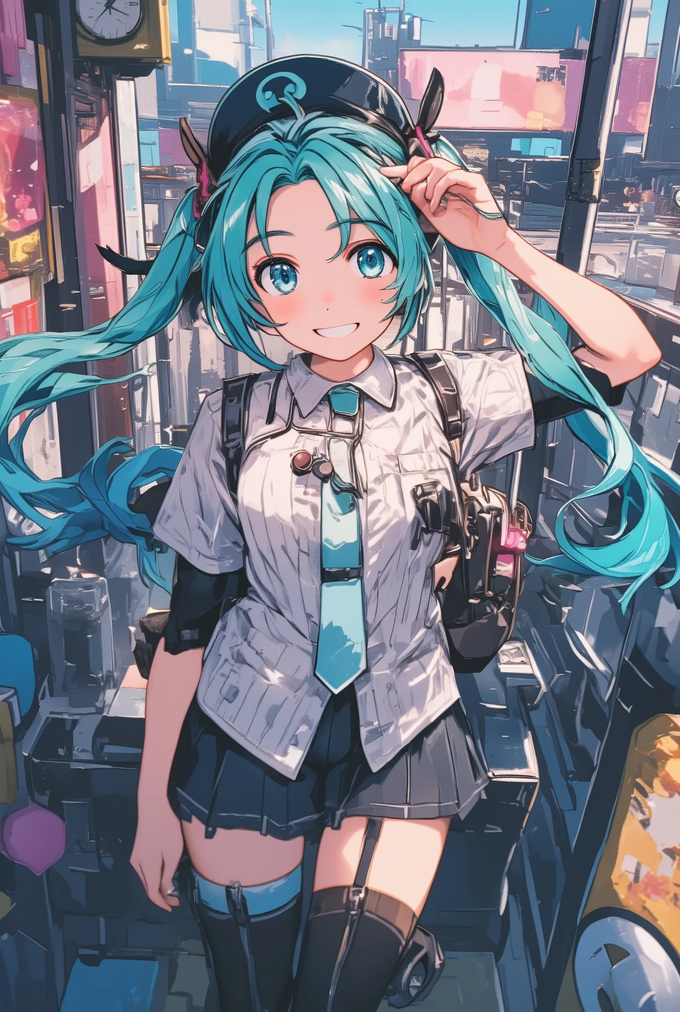 ( masterpiece、Highest quality、Highest quality、official art、 beautiful and beautiful :1.2)、(one girl:1.3) Hatsune Miku、twin tails from above,beautiful breasts, cute女の子,cute,(masterpiece, Highest quality, very aesthetic,  super precise), intricate details, 4K,  anime style, aa Subaru,  short hair,  cap, backward hat , breast, clavicle, clock, whistle around the neck, Vertical striped shirt, shirt with tie, Short Sleeve,   wristband  , white shorts, smile, lower back with a cap, outdoor, street, cowboy shot