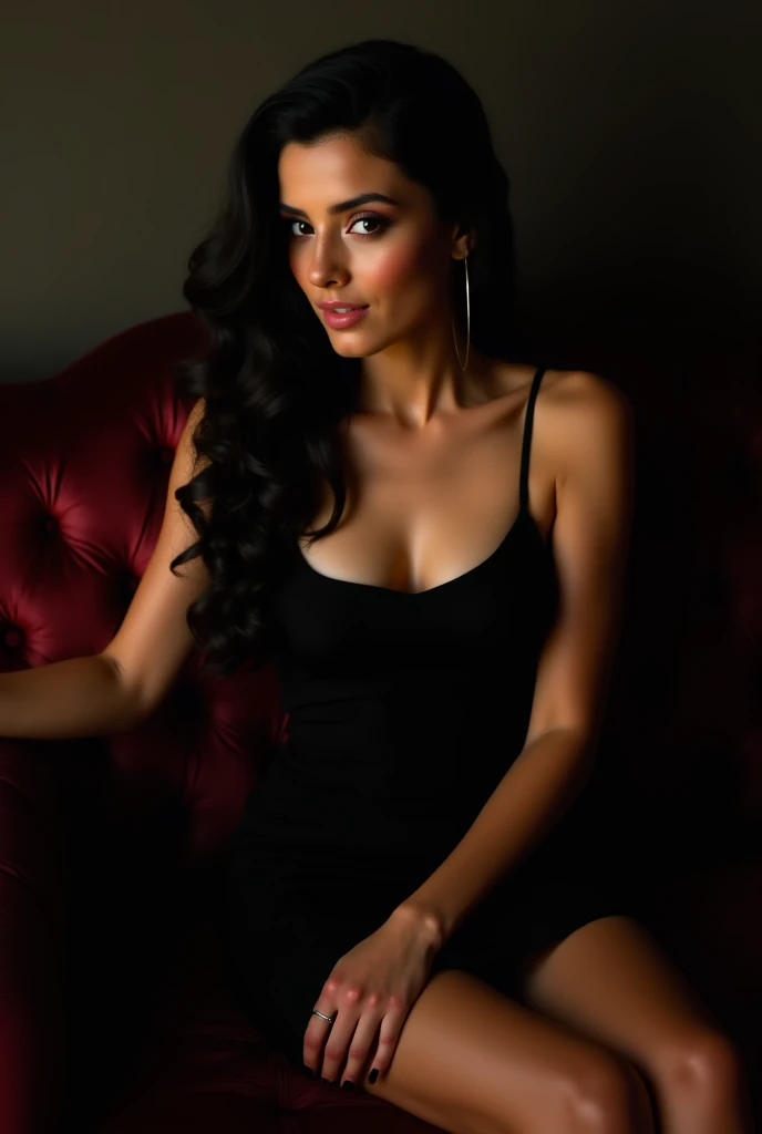 Uma mulher alta e bonita, 28 anos, com cabelos negros cacheados e olhos negros, nariz pequeno, red-lips, latino-americana, Brasileira, usando um vestido preto com uma cintura apertada, em ambiente fechado, being the living room of an apartment with sofa and chairs.