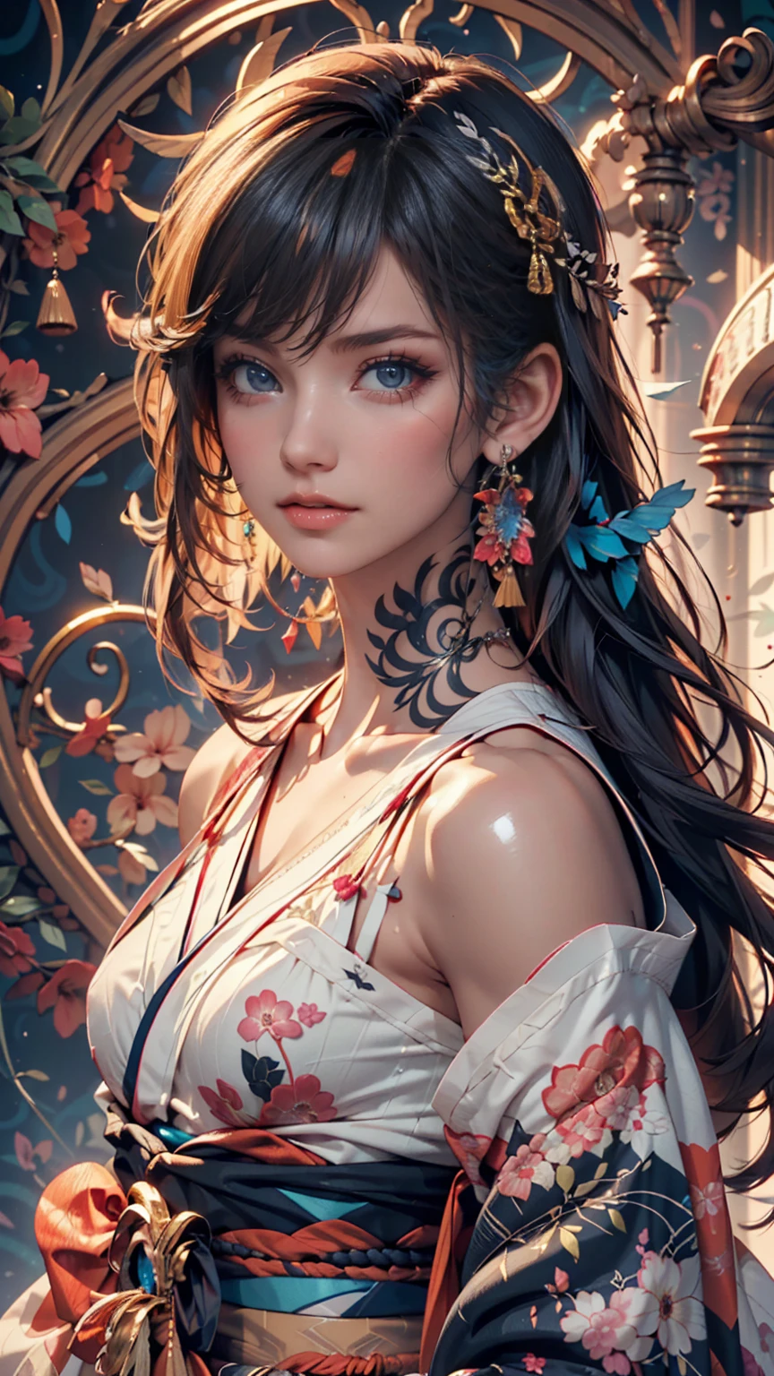 (((masterpiece))), (((best quality))), ((ultra-detailed)),(highly detailed CG illustration), ((an extremely delicate and beautiful)),cinematic light, Create a stunning fantasy artwork that mimics the style of currently trending masters of the genre. The art piece should contain elements of both mythic fantasy and fairytale fantasy with colorful rainbow accents and dark jewel-toned hues. ((Utilize the rainbow as the main color scheme.)) The character in the artwork is a delicate but strong figure with an aura of mystery and magic. Pay close attention to intricate facial features, such as mesmerizing eyes with vibrant colors and bold shading. The character's clothing should be designed with gossamer feathers, silk, stunning embroidery, and subtle iridescent details. Incorporate (((translucent iridescent rainbows))), dreamy colors, dynamic lighting, and detailed background elements to create a sense of awe and immersion. ((Include colorful flying magical birds and jewel-toned rainbow butterflies radiating a magical aura.)) Consider the latest trends in fantasy art, such as incorporating unique lighting effects, exploring dynamic and compelling composition techniques, and experimenting with unique color palettes. Take inspiration from the top artists on ArtStation and Midjourney. Camera: Choose an angle that highlights the character's beauty and enhances the magical majesty of the artwork. Lighting: Utilize atmospheric lighting techniques to create depth and mood. Resolution: Aim for a high-resolution artwork to showcase intricate details and clarity. Art Inspirations: Seek inspiration from the trending artists on ArtStation, exploring different styles, genres, and themes.