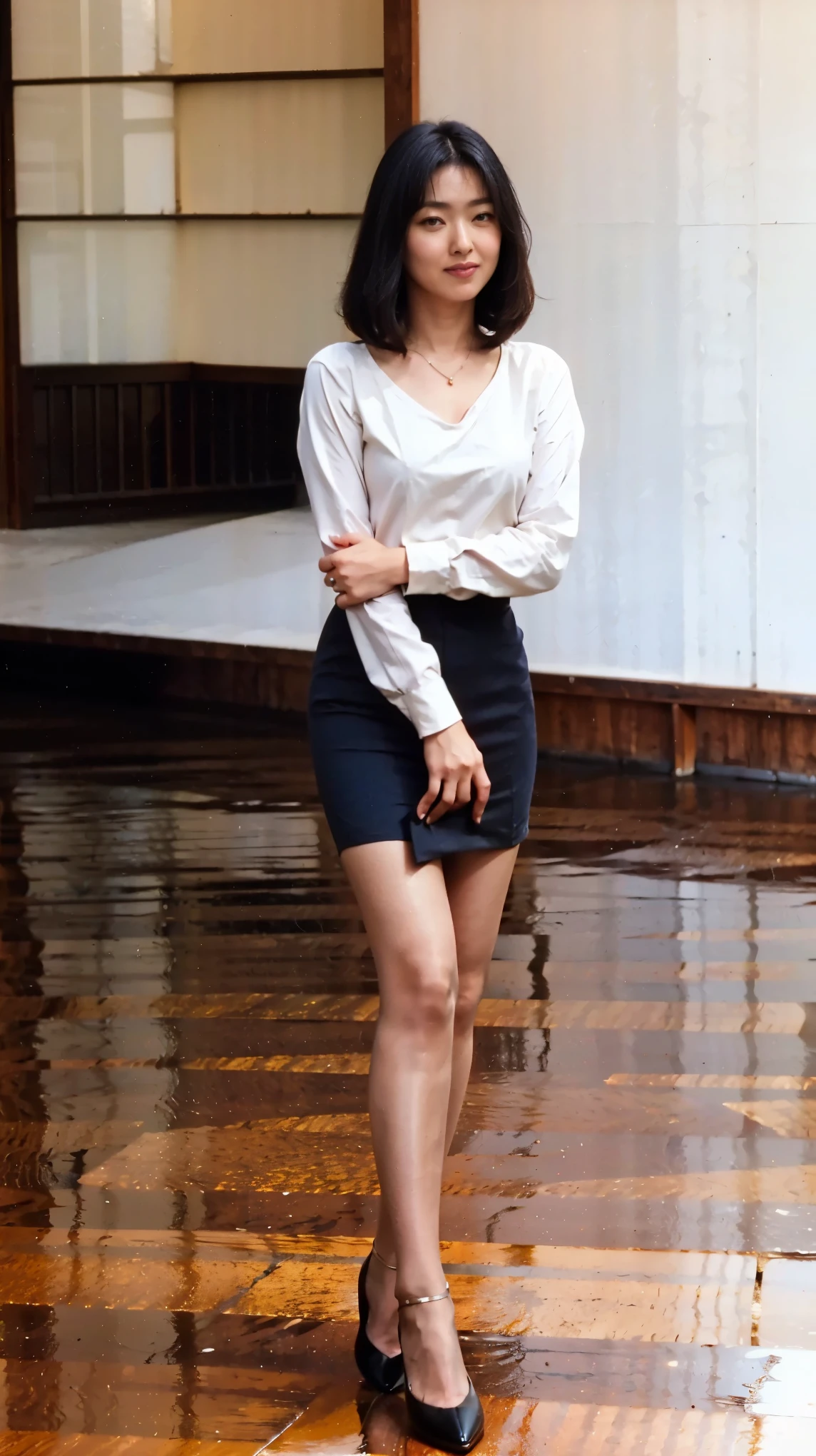 (Photorealistic), (full body shot:1.4) 、35 year old single Japanese woman,off-white translucent blouse,off-white micro miniskirt、coffee colored pantyhose、black hair medium bob cut that shows through bare skin, small white leather bag,white enamel pointed toe heels, jewelry necklace 、anklet、Stand on the wooden floor of a bright Western-style room,Tokyo 101,(Highest quality), (masterpiece), (High Resolution), original , Extremely Detailed 8k Wallpaper, (very delicate)、NSFW