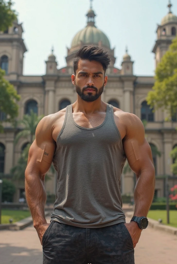 Young Indian boy, bodybuilding in gym. Face like Varun Dhawan. Wearing loose vest.