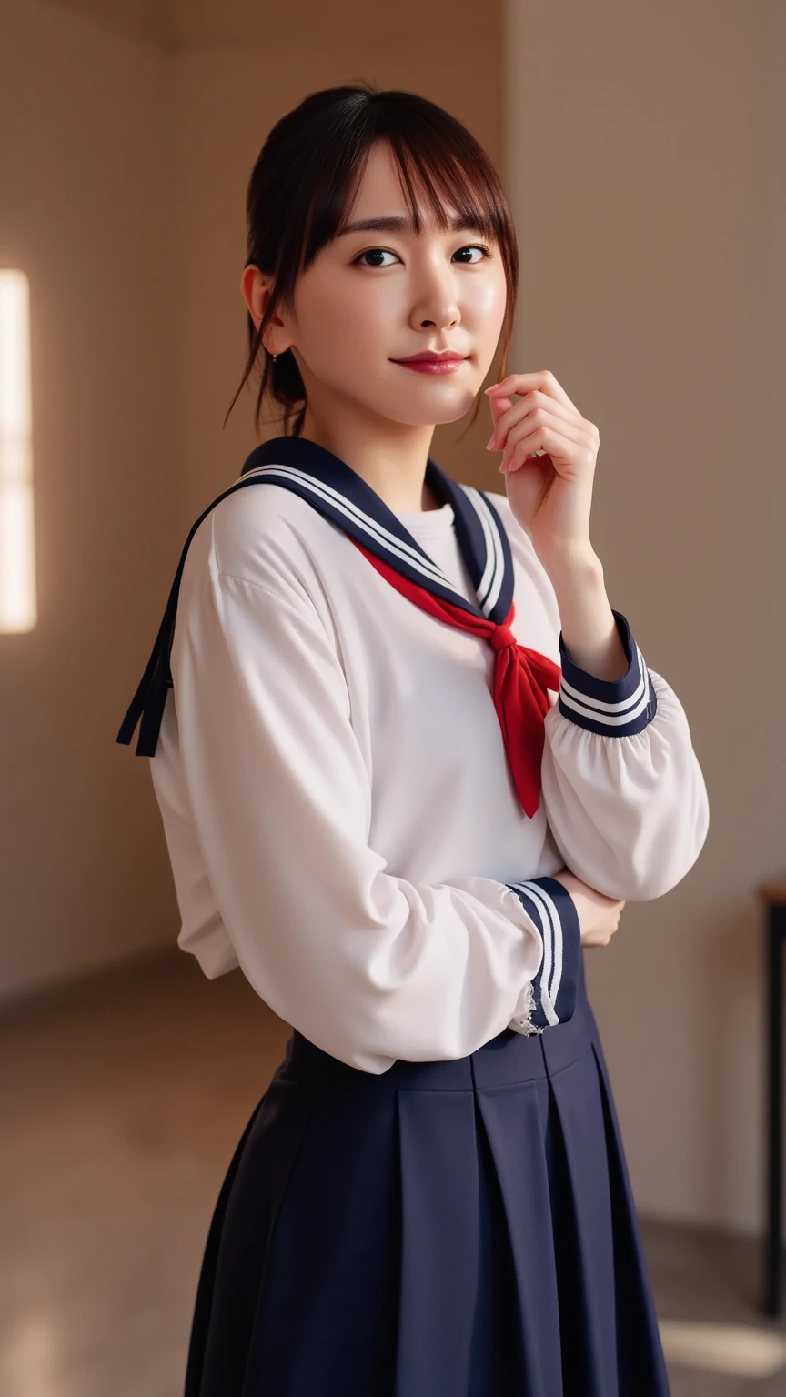 (8k、Raw photography、highest quality、masterpiece:1.2),(black haired、very short hair:1.8),(twin mitsu braid:1.4)、show viewer,Looking at the front,erotic,白いskin,(I am wearing a beige and red school uniform.。.。.:1.7)、(Clothing that emphasizes the shape of your chest、publish one'skin:1.5)、(big breasts :1.2)、slim body shape、ultra high resolution,beautiful,beautiful fece,(alone、no background:1.9),whole bodyボディー,japanese woman,(Photoreal:1.37)、photon mapping,reality、(Baby-faced and cute: 1.0)、(cute smile: 1.7)、(With a round face: 1.7)、radio city、Physically based rendering、depth of field rally background、photograph, (I can see your knees,plaid short skirt、close up of thighs、show white panties:1.5),whole body、super fine