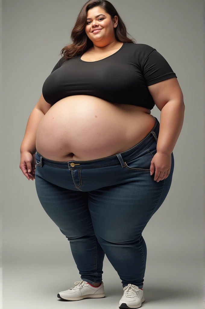 pregnant woman in top and pants reaching out, large round belly, thick and round belly, chubby woman, chubby belly, big belly, folds of abdominal flap, chubby, large belly, curvy woman, pregnant belly, portrait of a chubby woman, a chubby