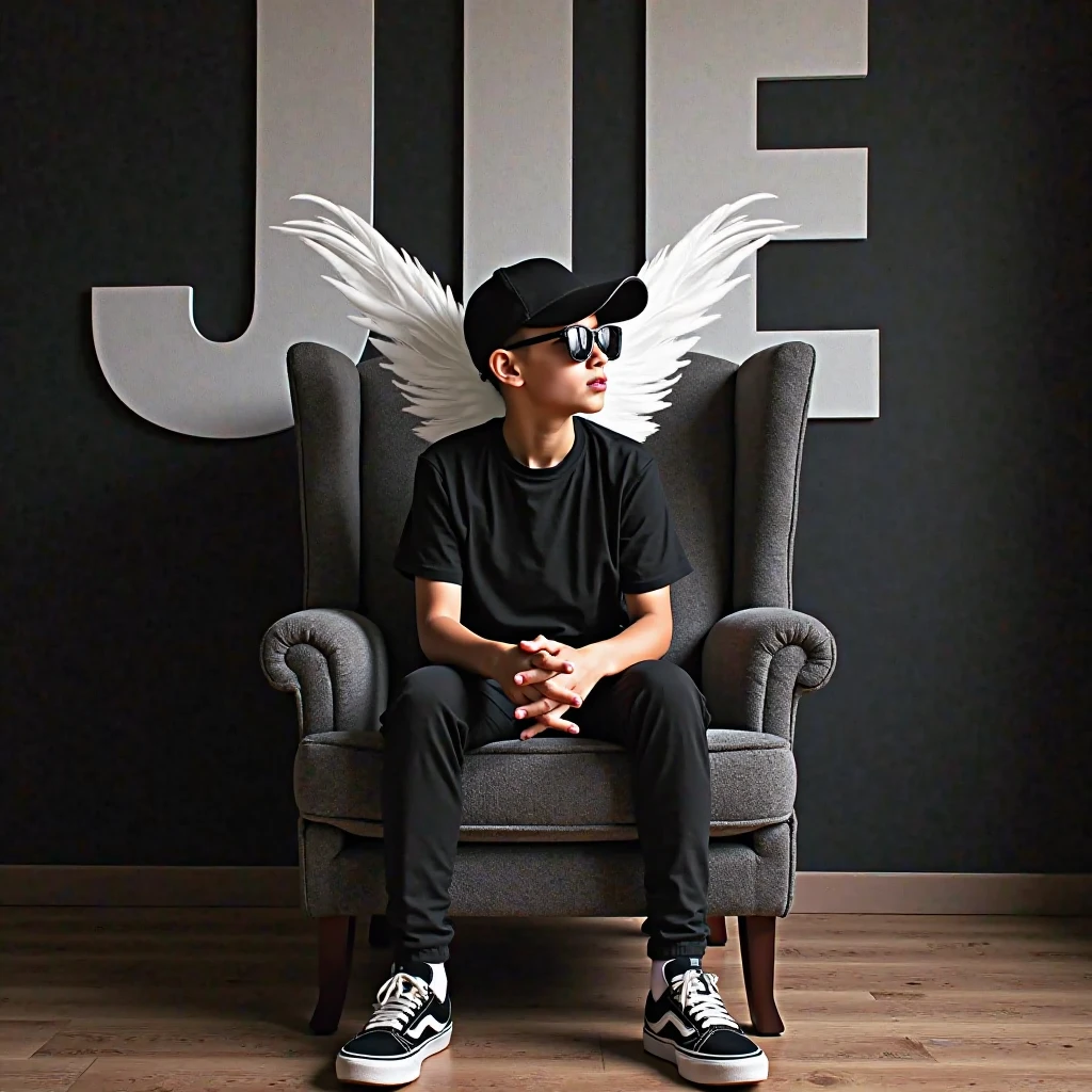 Create a attitude 3D illusion picture where a boy in a black shirt sits casually on a Wingback Chair. Wearing sneakers, a black cricket cap, and sunglasses, he looks ahead. The background features "v.k" in big and capital white fonts on the black wall. There should not be his shadow, and there are wings to make it appear as if he is an angel