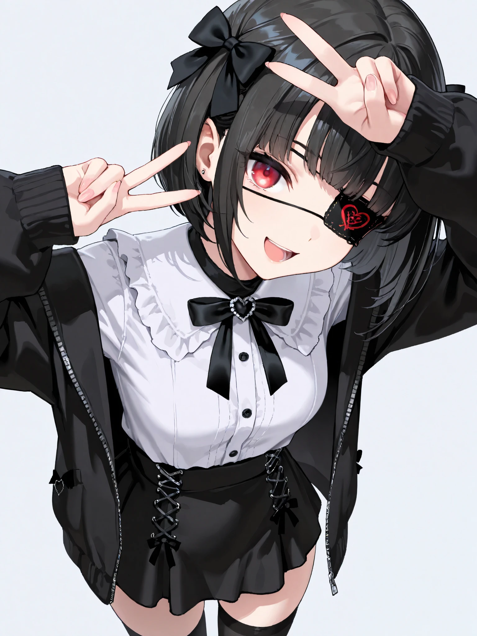 1girl ,jirai kei ,black bow ,black jacket ,black thighhighs ,black hair ,bow ,eyepatch ,red eyes ,hair bow ,jacket ,long sleeves ,looking at viewer ,alternate costume ,open clothes ,open jacket ,open mouth ,shirt ,simple background ,smile ,solo ,standing ,thighhighs ,bob cut ,v ,white shirt ,masterpiece, best quality, ultra detailed ,