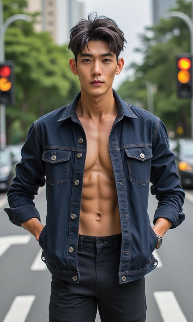 Beautiful Korean guy ,  ideal body  ( inverted triangle body shape,  formed plane chest, muscular broad shoulders,  slim waist,   sixpack belly , veins visible , strong legs),  tall body ,  male model,  black hair ( taper cut model) ,  High Resolution, Masterpiece, Accurate, Best Quality, Damaged, Detail, HD, High Details, High Quality, Quality, retina, Super Detailed, full body, wearing accessories 1 ( cool watch ),  wearing a jeans jacket and trousers,  stares at the camera with full charisma,  standing gallantly,  was standing at a red light, 