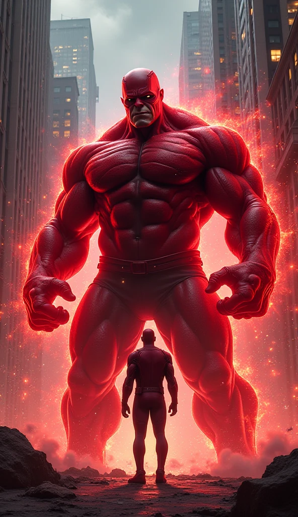 Big red skinned men, muscular, with four arms, four yellow eyes, black fingerless gloves, Black pants, White t-shirt with a black stripe down the middle and over the shoulders, black stripe down the middle of the face, On the shoulder a black circle with a green hourglass inside