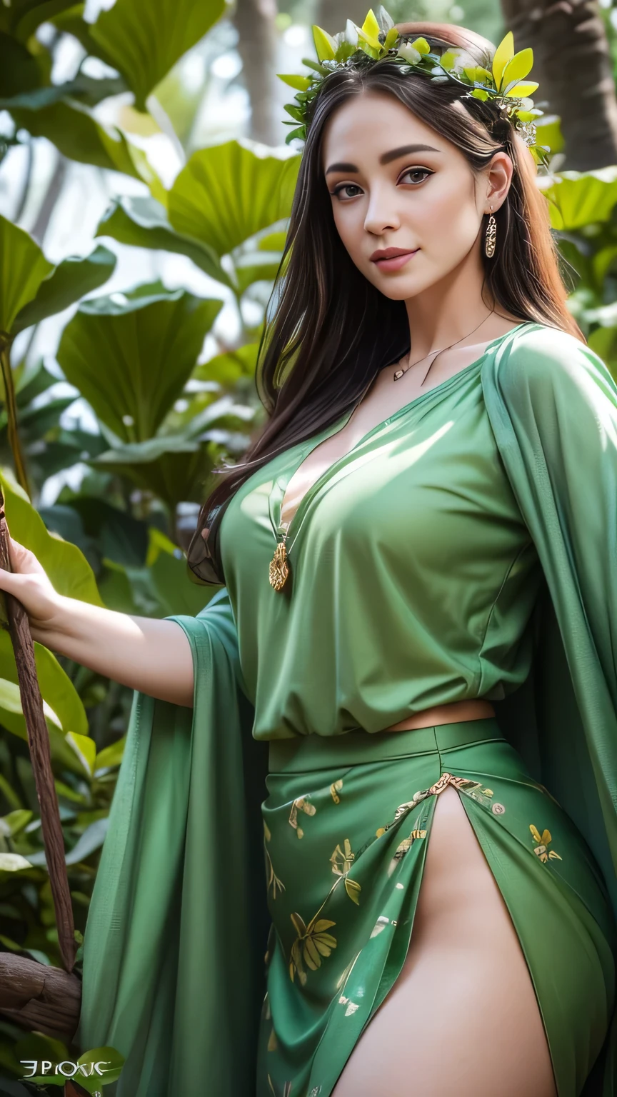 Varus, as a female, in a magical forest, her clothing adorned with emerald green and gold, in the latest Sylvan Huntress skin with enchanted trees and glowing forest creatures around her (having beautiful breasts: 1.33), (having clothes: 1.77).