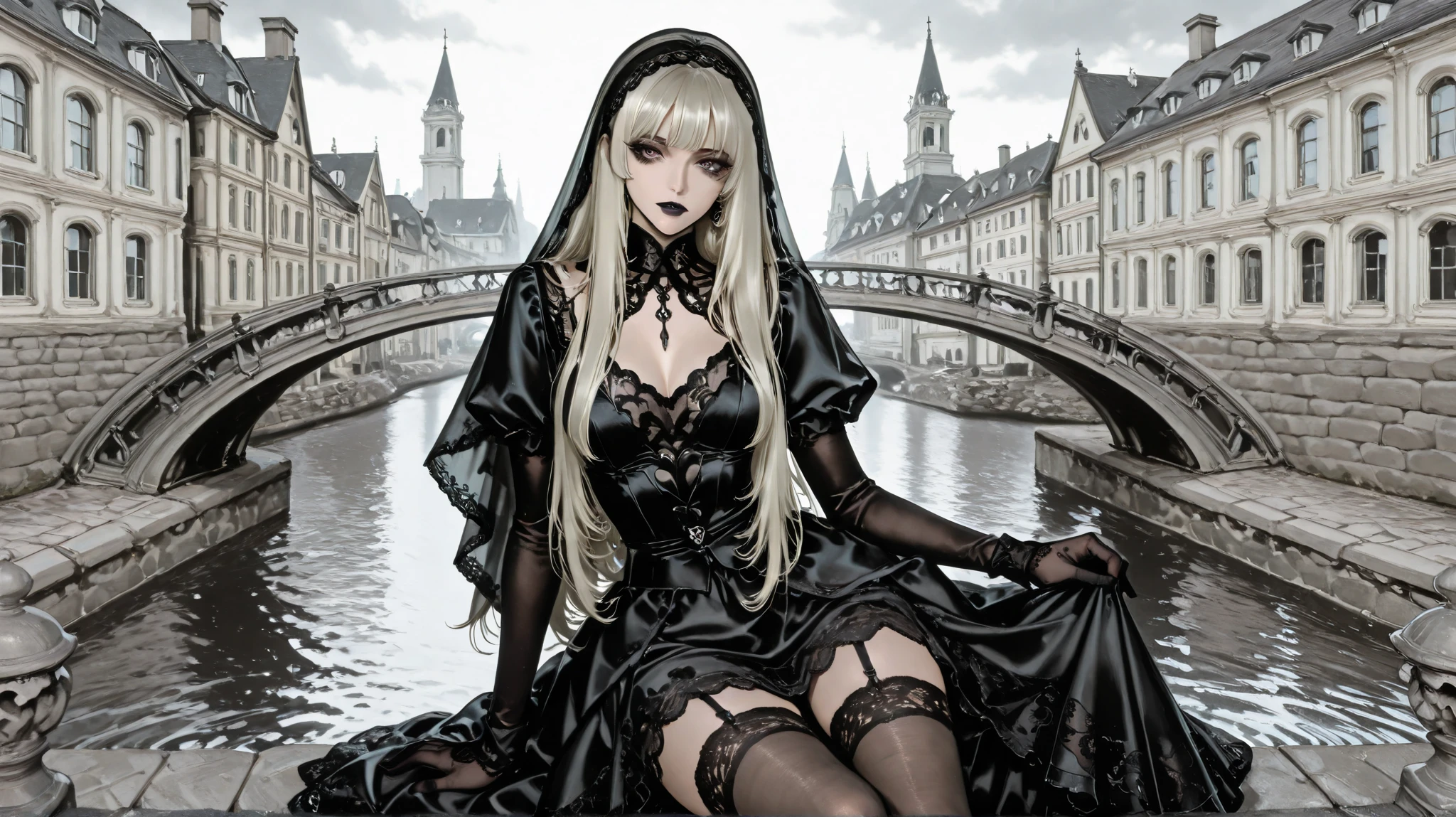 A gothic ethereal woman with long, platinum blonde hair, dark dramatic eye makeup, and black lipstick, wearing a delicate lace dress with black lace stockings and gloves. She sits on an old stone balustrade near a river, surrounded by pigeons. A vintage European cityscape with classical architecture and a bridge is in the background. The atmosphere is melancholic and mysterious, with soft diffused lighting and a muted color palette. The scene has a dark romantic, gothic aesthetic with a fantasy touch.