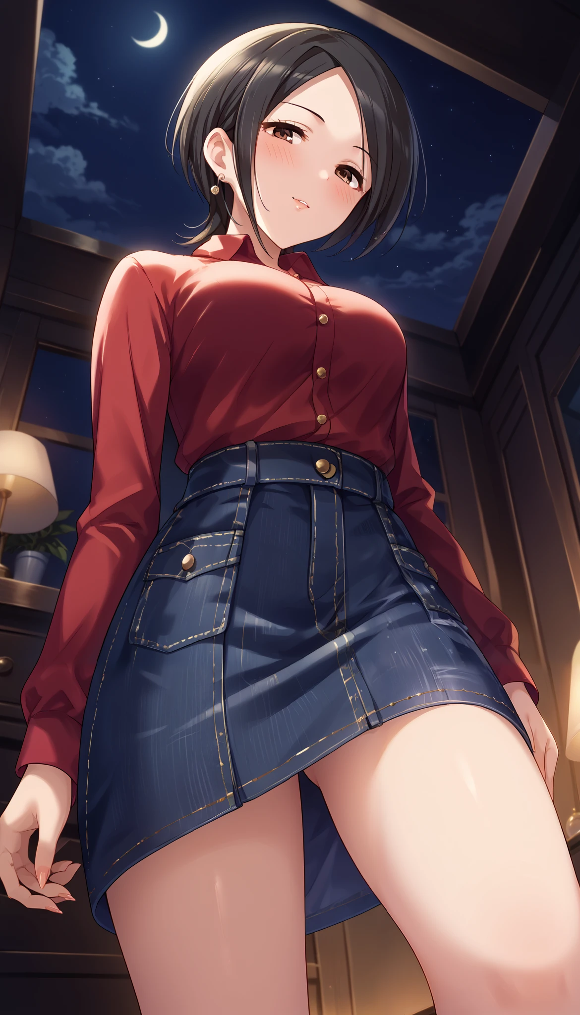 Tougou Ai、 red shirt、denim tight skirt、room、(((low angle)))、((Close-up))、night、 Ulchan-6500-v1.1, ( RAW photos :1.2),  beautiful detailed , very detailed目、Brown Eyes 、 The file size is large, High Resolution, very detailed, Highest quality, [masterpiece:1.6], Awareness-raising, very detailed, CG, finely, Highest quality, 8K wallpaper,  Perfect Body 、躍動感、very detailed、short hair、 black hair、blush、Slim and beautiful thighs