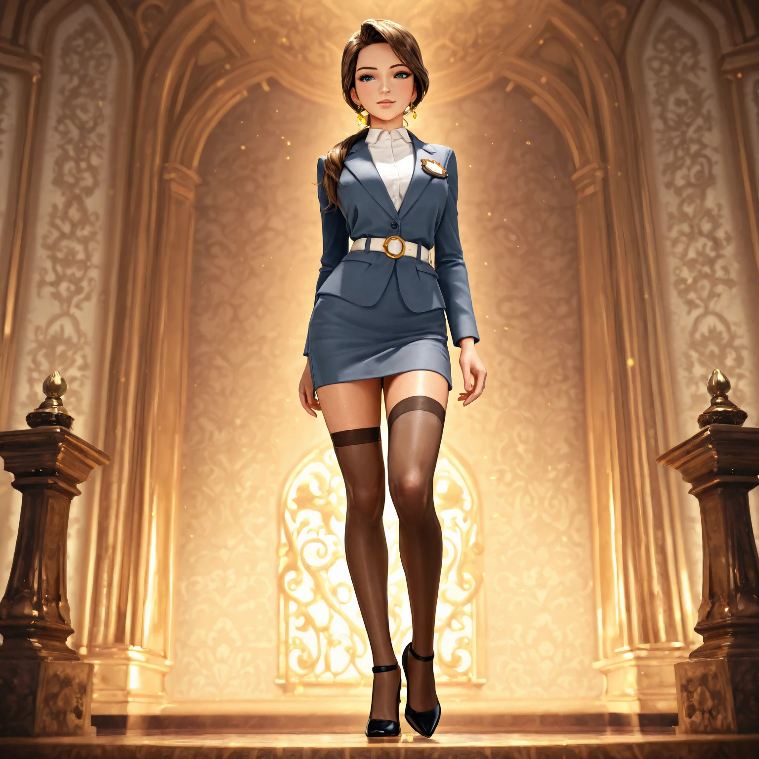 ((((masterpiece)))), high quality, very_high_resolution, large_filesize, full color, gold eyes, detailed iris, detailed eyes, cute, adorable, beautiful, high contrast, 5 fingers, slim body, bobbed haircut, medium hair length, hoop gold earrings, black hair, small breasts, full body display, blue white and gold cheerleader outfit, white thigh high socks