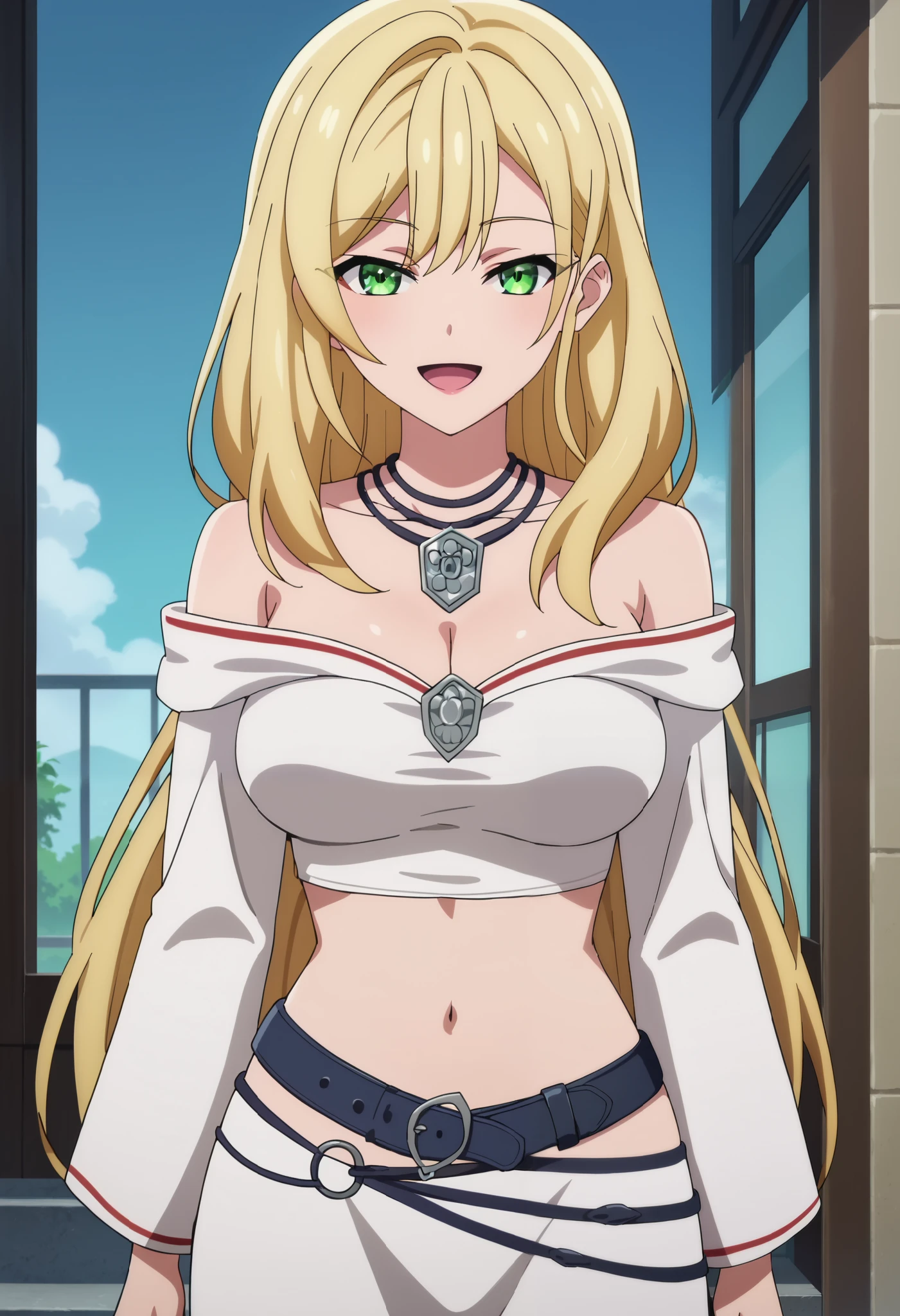 edelgard, anime art style, 1girl, solo, long_hair, breasts, looking_at_viewer, bangs, blue_eyes, blonde_hair, hair_ornament, hair_between_eyes, bare_shoulders, twintails, closed_mouth, collarbone, upper_body, braid, outdoors, sky, sleeveless, day, pointy_ears, cloud, dark_skin, dark-skinned_female, two_side_up, scrunchie, hair_scrunchie, anime_coloring