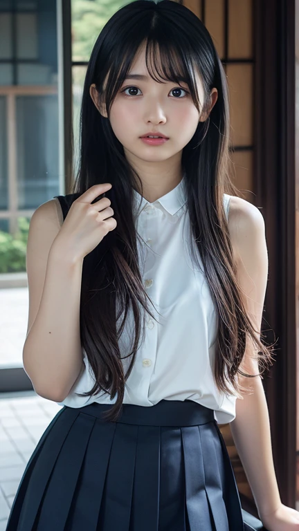 30-year-old woman,Long face,Black Hair,Asian,Long Hair,Long Bangs,Blue Eyes,White Shirt,Leather pants
