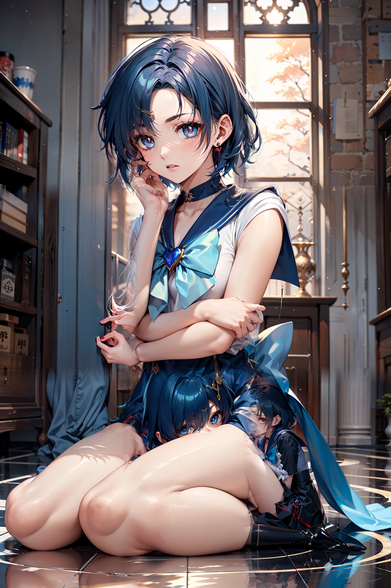 「top quality, High Resolution, Dark Fantasy Art 。 Brainwashing Room of an enemy organization 、 The red and black magic circle drawn on the floor is shining suspiciously 。
and the napped Justice Warrior Sailor Mercury was sitting in the center、 is hugged 。
( Her eyes are empty and out of focus )、( her eyes are slightly open )、( a dark magic crest appears on her forehead )、( her consciousness is getting farther and farther away )。
Wizards wearing black headscarves are casting spells。
Little by little, the girl's body is beginning to turn into a vampire、(I belong to、My heart is definitely turning towards evil、and my pupils change vertically)、(The tips of my blue hair are dyed slightly red)、My heart is definitely going towards evil 。
『I... Who... ?』 Whispering softly , but 、Her voice quickly fades away due to a whisper of darkness 。」、「I... Evil Warrior」、「I part of an enemy organization」