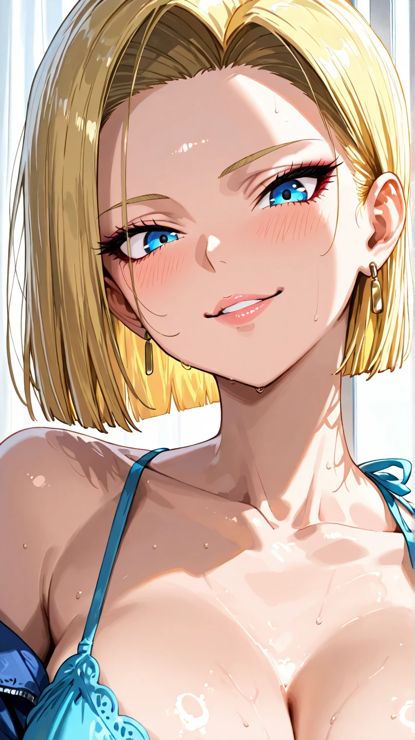upper body, female, Art, ad, (color pencil drawing), draft drawing, illustration, bra, panties, big busts, blonde hair, thick bluish eyeshadow, thick black eyeliner, Highlighted eyes with eyeliner, false eyelashes ,(tanned skin:1.2), smile
