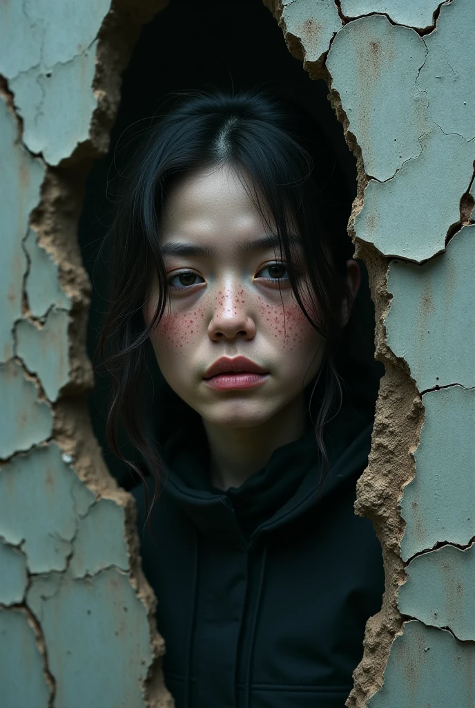 One, blonde girl, one eyed, brown eye, scared face, horror, despair, wound, blood on the face, looking up, masterpiece, Best quality, dark background, night