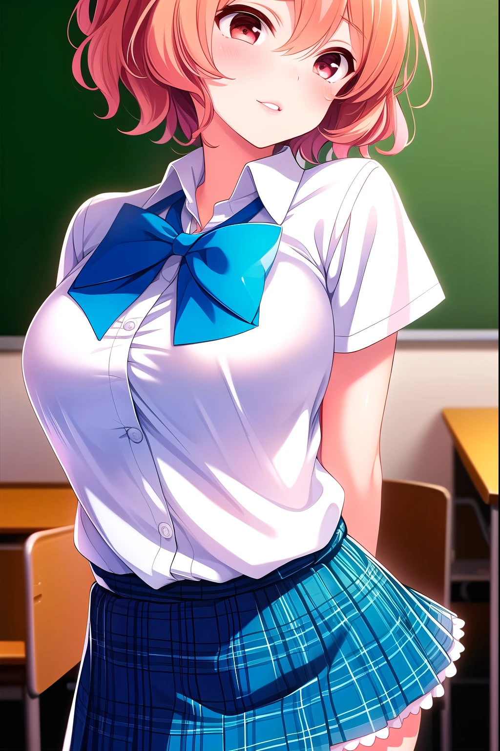 ( masterpiece, Highest quality), very detailed background, perfect lightingHighest quality, (upper body close-up angle:1.5), (arms behind back:1.6), Tomura Michiru, Alone, indoors, SCHOOL CLASSROOM, orange hair, One side up, pink hair bobble, hair between eyes, short hair, red eyes, medium boobs, (Blue Bowtie:1.3), white shirt, Short sleeve, blue skirt, plaid skirt、white thin thighs,、white knee socks, Glossy、 school uniform, Laughter、blush, pink lips,