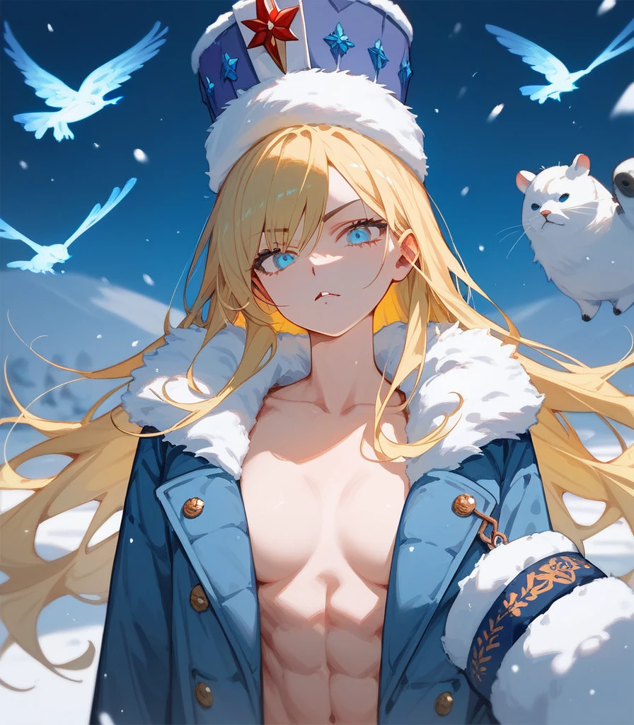 penguin、South Pole、photorealestic, a highres, 1 Girls, white gray hai, Heterochromia eyes, small moles under eyes, bikinis, a large breast, Blue-haired、(Blonde mesh)、South Pole、snowstorm、penguin、En plein air、Pigtails straight hair、shortpants、Huza、sit ch、Penguins are flying