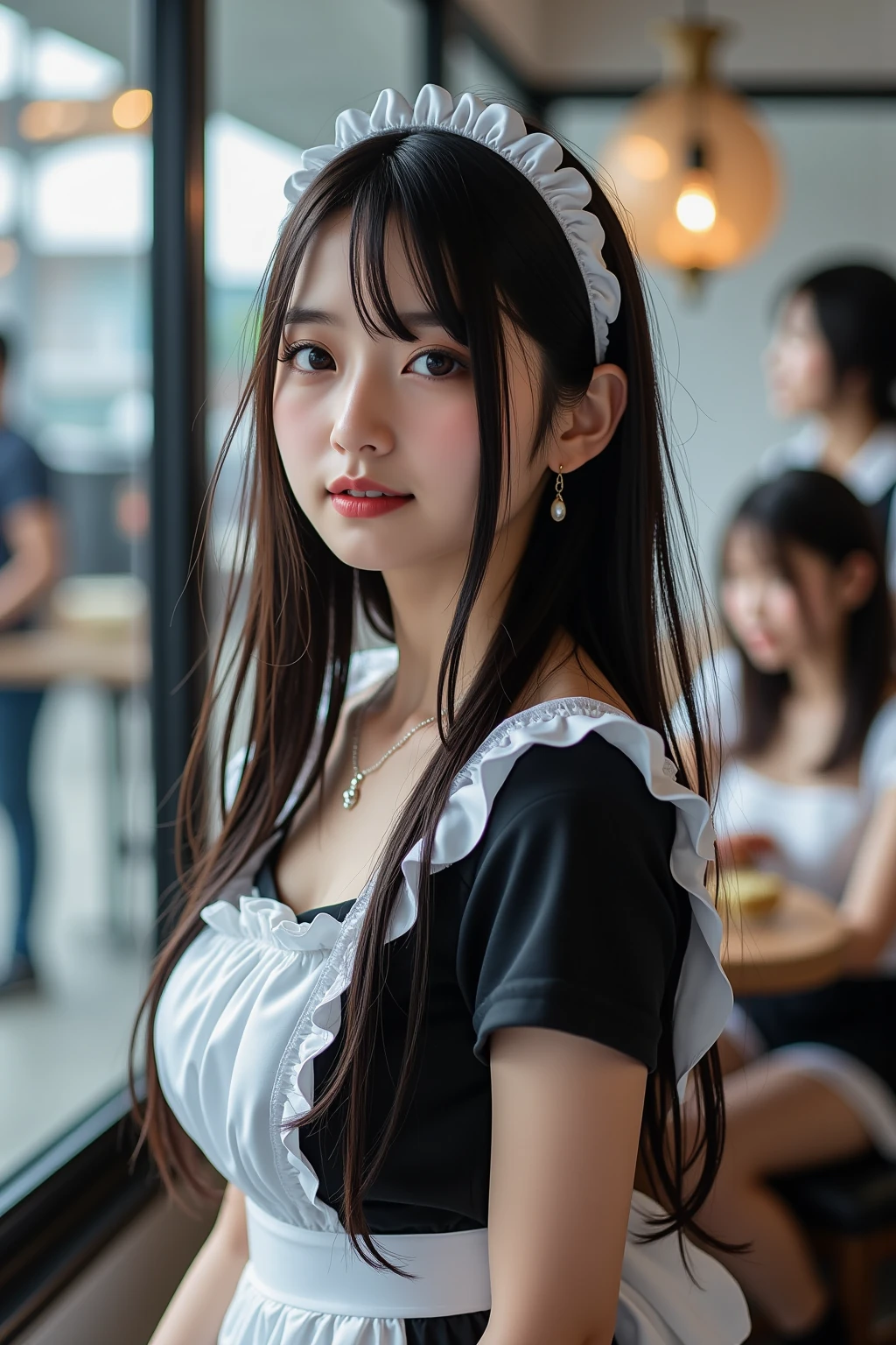 1 female, dimly lit waitress, ポーズ, かわいい, Pointed upwards, Long Hair, ポニーテール, big braided hair, Black Hair, Iris, from the front, indoor, Very nice and beautiful, Japanese, (riho yosioka), Nikon, dutch angle, masterpiece