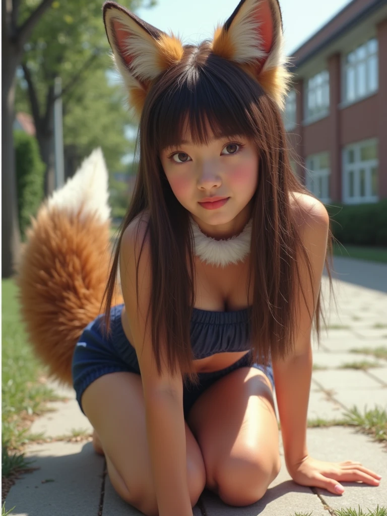 masterpiece、A detailed eye、超A high resolution(reality:1.4)very extremely beautiful, Beautiful skins, A slender,skinny body、being thin、thin and long legs、 Forward-facing body, (A hyper-realistic), (hight resolution), (8K), (ighly detailed), (ultra-detailliert), 详细的脸,、fullnude、nsfw、Dreamland、Tokyo Disney Resort、outdoor in the park、Crowds、two shot、Fox ears、yoshioka riho、Fox tail