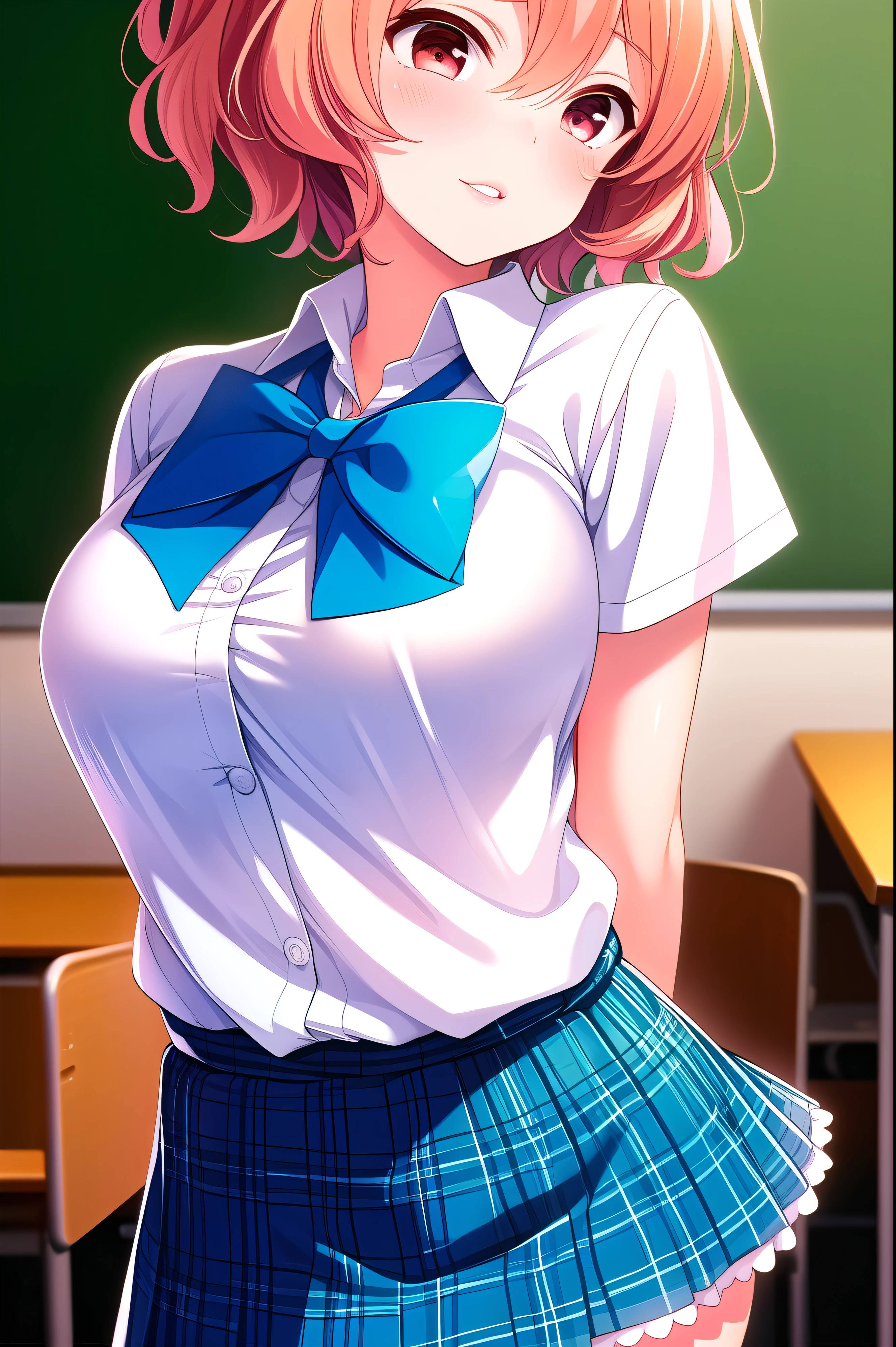 ( masterpiece, Highest quality), very detailed background, perfect lightingHighest quality, (upper body close-up angle:1.5), (arms behind back:1.6), Tomura Michiru, Alone, indoors, SCHOOL CLASSROOM, orange hair, One side up, pink hair bobble, hair between eyes, short hair, red eyes, medium boobs, (Blue Bowtie:1.3), white shirt, Short sleeve, blue skirt, plaid skirt、white thin thighs,、white knee socks, Glossy、 school uniform, Laughter、blush, pink lips,