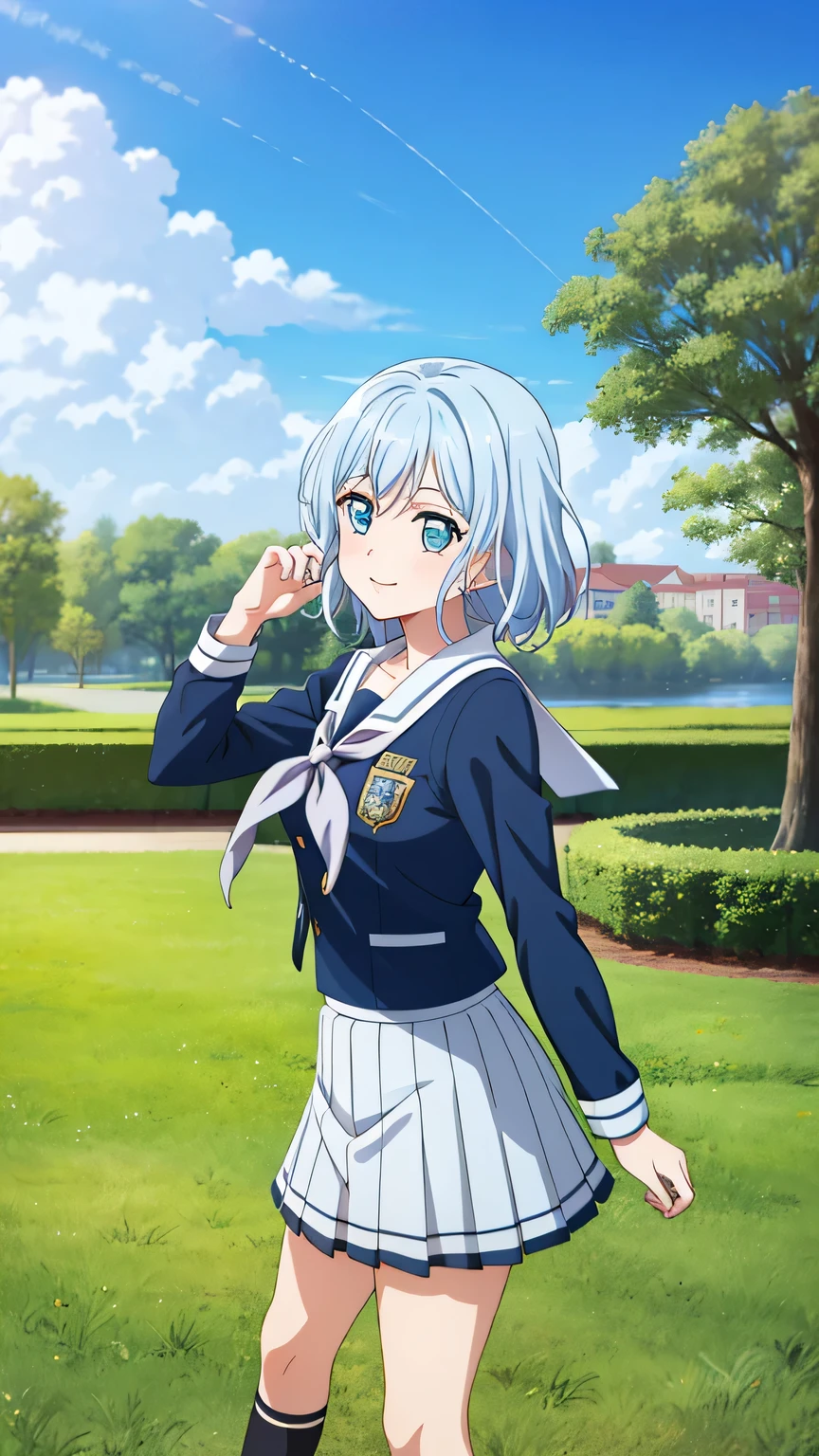 {{{masterpiece}}}, (best quality:1.5), (ultra-detailed:1.5), {illustration}, {{an extremely delicate and beautiful}}, (beautiful detailed eyes:1.6), absurdres, highres, extremely detailed face, 16k, hd, visual anime de uma jovem mulher, extremamente bonito rosto de anime, anime melhor garota, (perfect hands, perfect anatomy), anime face, kurata mashiro(BanG Dream!), cute face, 1girl, solo, white hair, short hair, bangs, blue eyes, medium breasts, big hips, curvaceous, BREAK, (Tsukinomori Girls' Academy school uniform), (school uniform), winter uniform, dark blue jacket, (close jacket:1.3), white collar, (black neckerchief:1.3), long sleeves, dark blue sleeves, jacket tucked out, long hem, (dark blue skirt:1.2), pleated skirt, mini skirt, black crew socks, BREAK, cute face, smiling, standing, outdoor, sky, daytime, public park, sun, lake, look the sky, look up, (bust shot:1.3), from side, from below