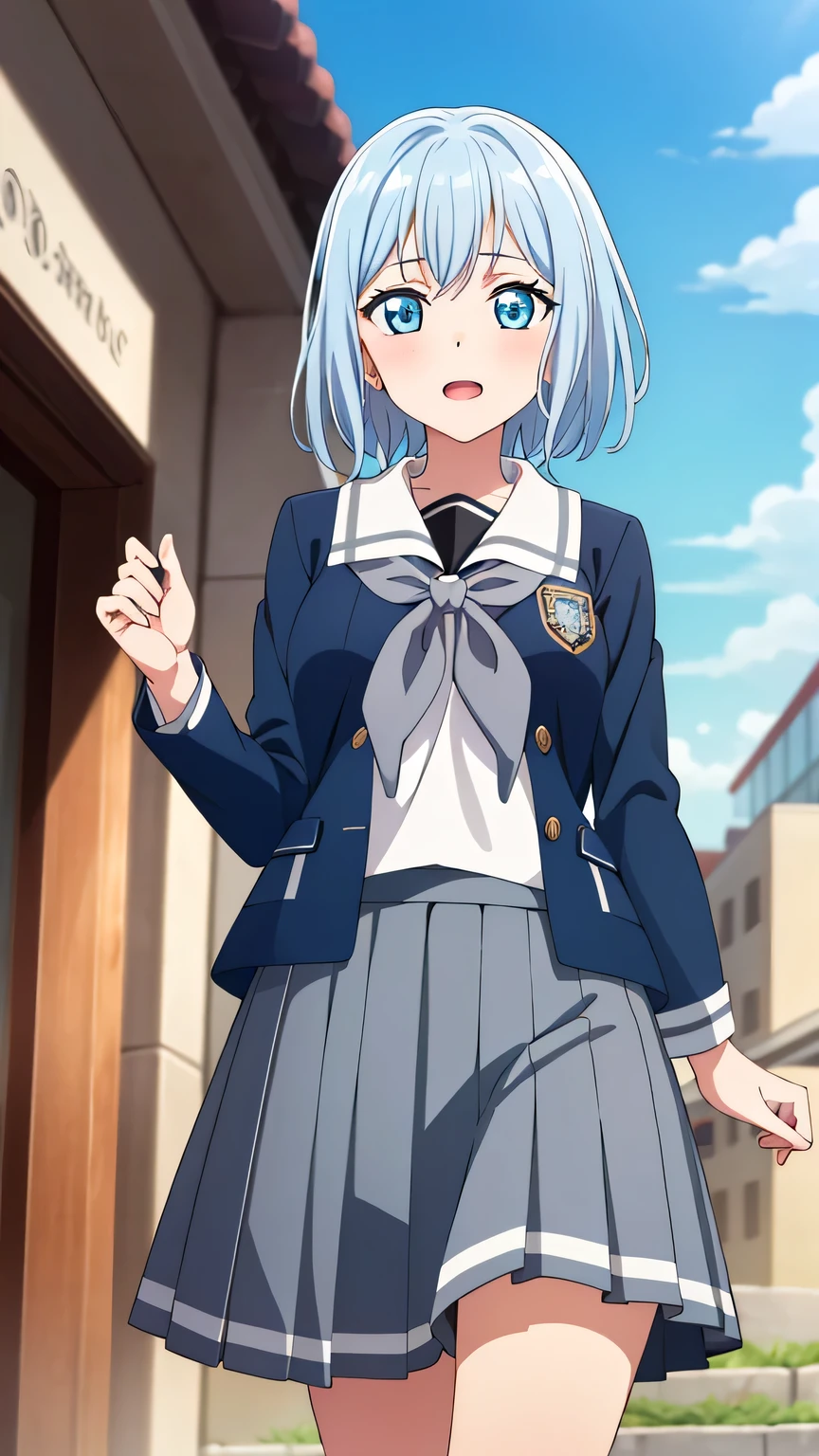 {{{masterpiece}}}, (best quality:1.5), (ultra-detailed:1.5), {illustration}, {{an extremely delicate and beautiful}}, (beautiful detailed eyes:1.6), absurdres, highres, extremely detailed face, 16k, hd, visual anime de uma jovem mulher, extremamente bonito rosto de anime, anime melhor garota, (perfect hands, perfect anatomy), anime face, kurata mashiro(BanG Dream!), cute face, 1girl, solo, white hair, short hair, bangs, blue eyes, medium breasts, big hips, curvaceous, BREAK, (Tsukinomori Girls' Academy school uniform), (school uniform), winter uniform, dark blue jacket, (close jacket:1.3), white collar, (black neckerchief:1.3), long sleeves, dark blue sleeves, jacket tucked out, long hem, (dark blue skirt:1.2), pleated skirt, mini skirt, black crew socks, BREAK, open mouth, flushed cheeks, walking, flushed cheeks, looking at viewer, outdoor, city, building, sky, daytime, cowboy shot