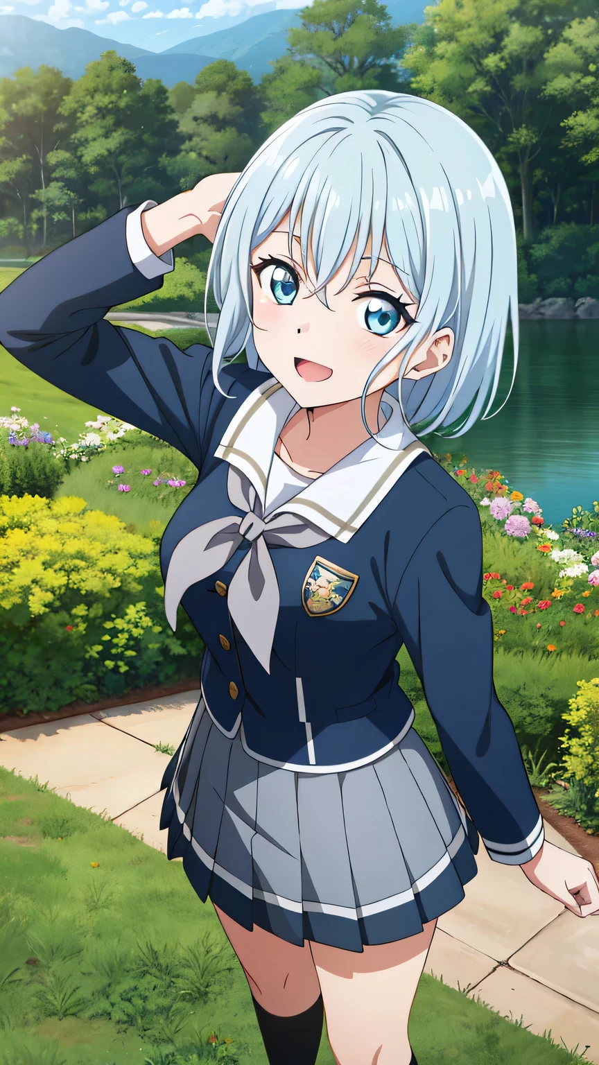 {{{masterpiece}}}, (best quality:1.5), (ultra-detailed:1.5), {illustration}, {{an extremely delicate and beautiful}}, (beautiful detailed eyes:1.6), absurdres, highres, extremely detailed face, 16k, hd, visual anime de uma jovem mulher, extremamente bonito rosto de anime, anime melhor garota, (perfect hands, perfect anatomy), anime face, kurata mashiro(BanG Dream!), cute face, 1girl, solo, white hair, short hair, bangs, blue eyes, medium breasts, big hips, curvaceous, BREAK, (Tsukinomori Girls' Academy school uniform), (school uniform), winter uniform, dark blue jacket, (close jacket:1.4), white collar, (black neckerchief:1.3), long sleeves, dark blue sleeves, jacket tucked out, long hem, (dark blue skirt:1.2), pleated skirt, mini skirt, black crew socks, BREAK, cute face, open mouth, smiling, standing on the lake, from above, outdoor, mountain, forest, flower garden, praying, mysterious