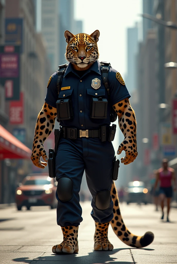 anthro, cheetah, male, adult, muscular, veiny muscles, police uniform, realistic fur, detailed background, street background, hyper realism, RAW photo, (realism, photorealistic:1.3), detailed, hi res,