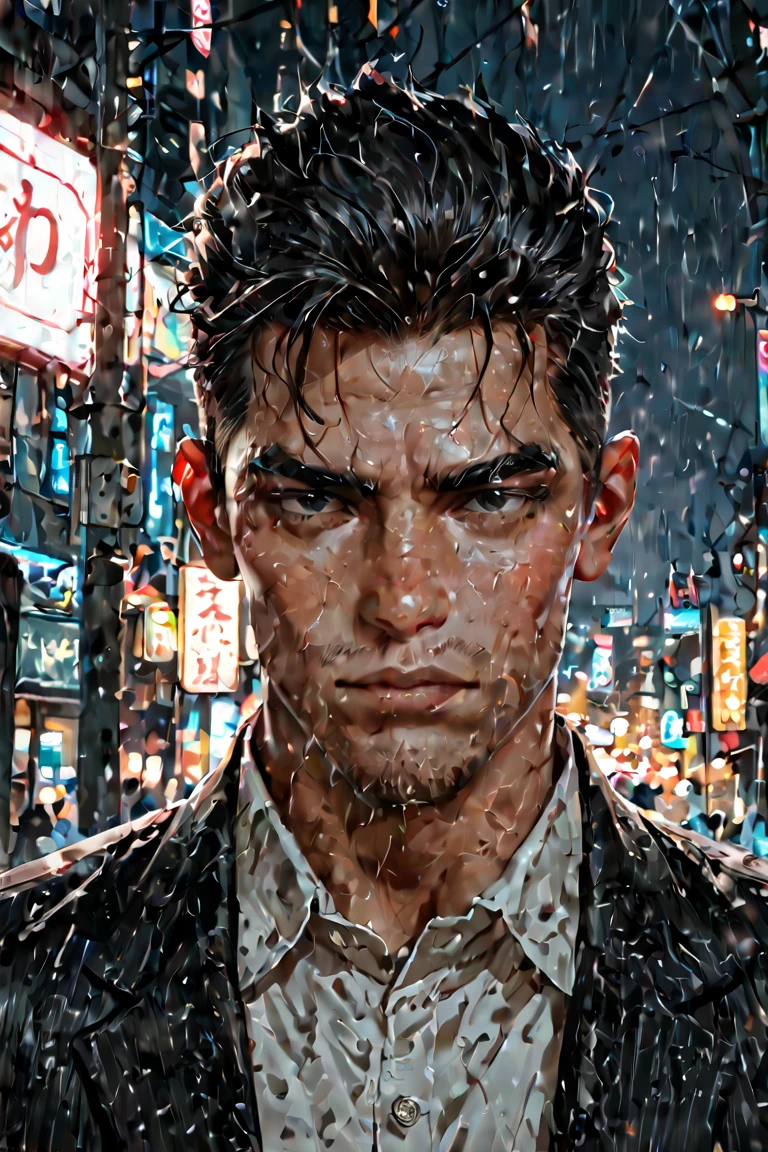 On the street, a middle-aged man is talking, his face super detailed, wearing a suit, short black hair, black eyes, some angry, super high detail, high detail, 4K, chiaroscuro, super detail