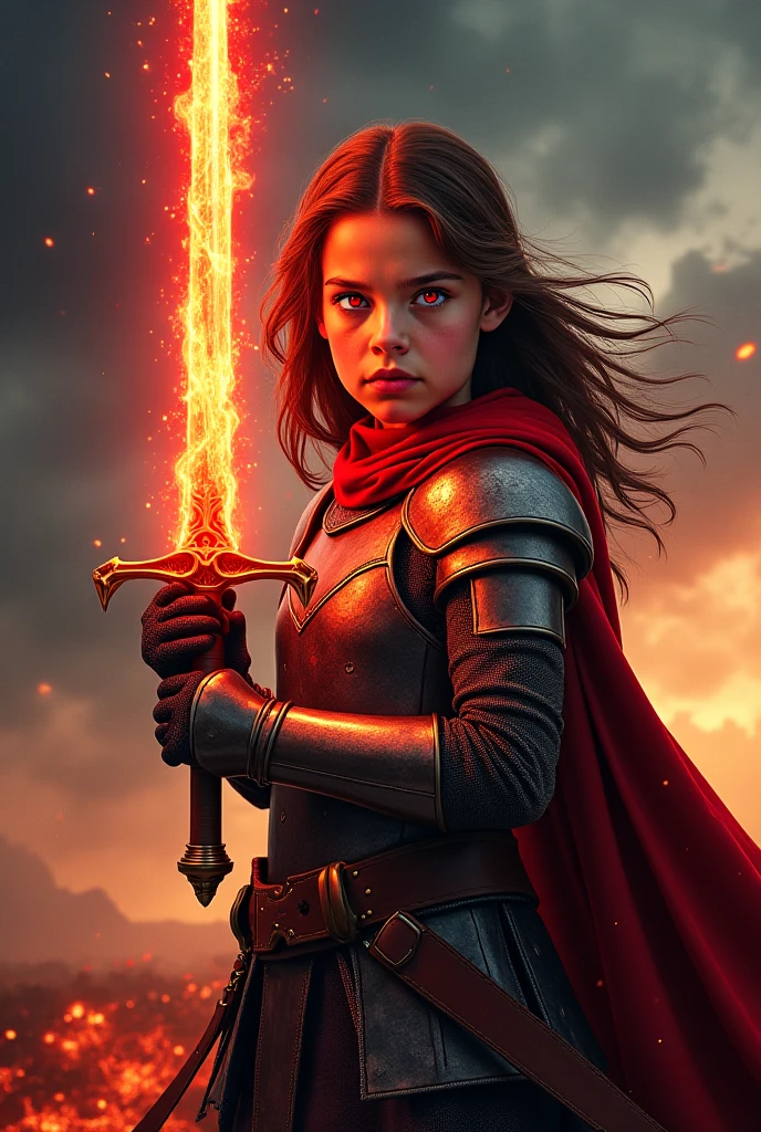 Create a movie poster-style image of a age girl, with brown hair, eyes red, Medieval-style knight outfit with a red fiery sword