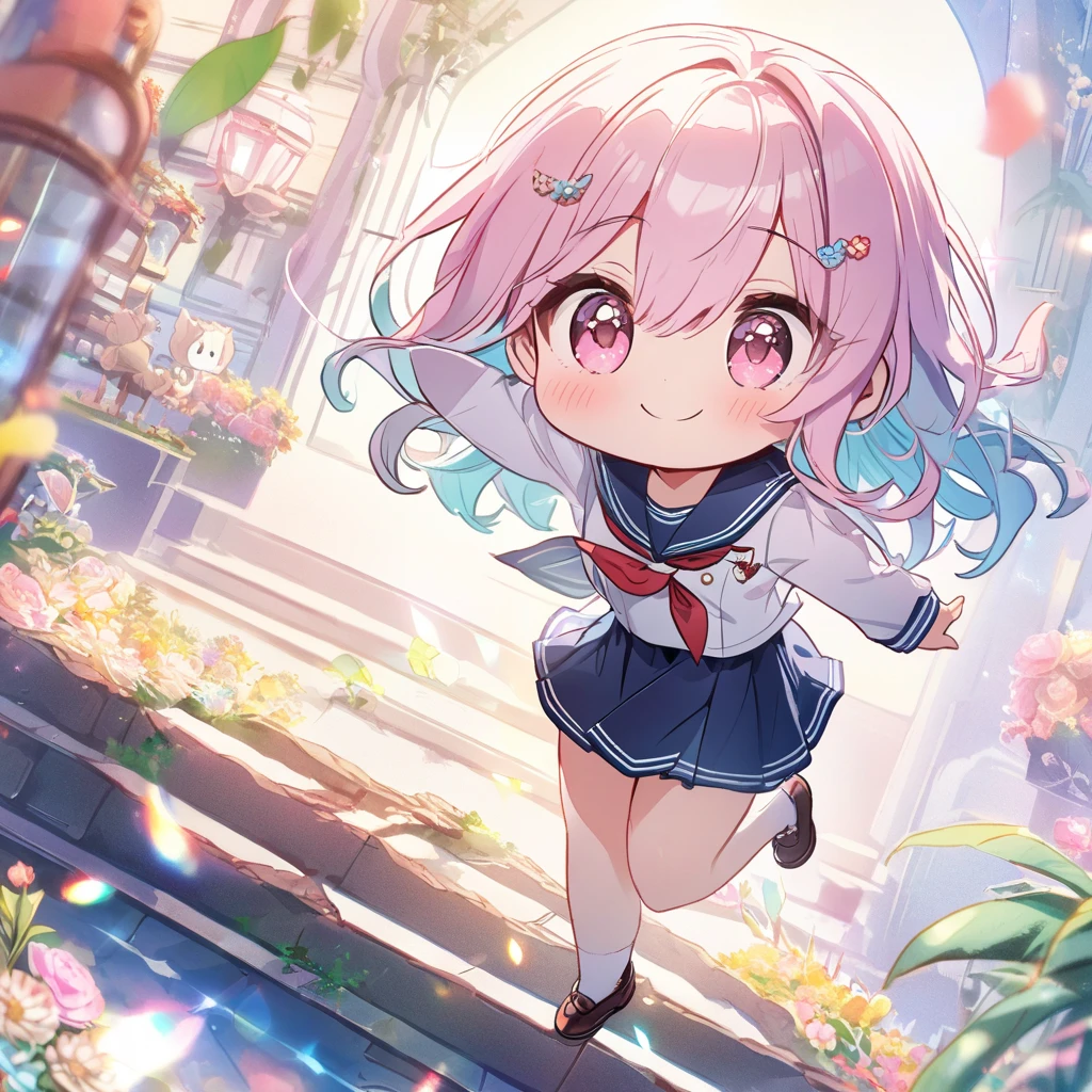 masterpiece, best quality, 4k、((2D illustration))、one beautiful girl、(((chibi style)))、solo、((cute chibi)), ((lens flare))、((sunbeam)), ((white light)), ((colorful))、((warm colors))、((long beautiful hair)), glossy light pink hair, gradient hair color, hair between eyes, cute、beautifully detailed eyes, ((happy smile)), innocent, ((sailor uniforms (girls' school uniforms))), (()), (playing with a tiny kitten indoors))、((lots of pastel-colored flowers around))、((cute)), ((hair ornaments))、((full body shot))、((jump)), ((charming))、((daytime)), sparkle、