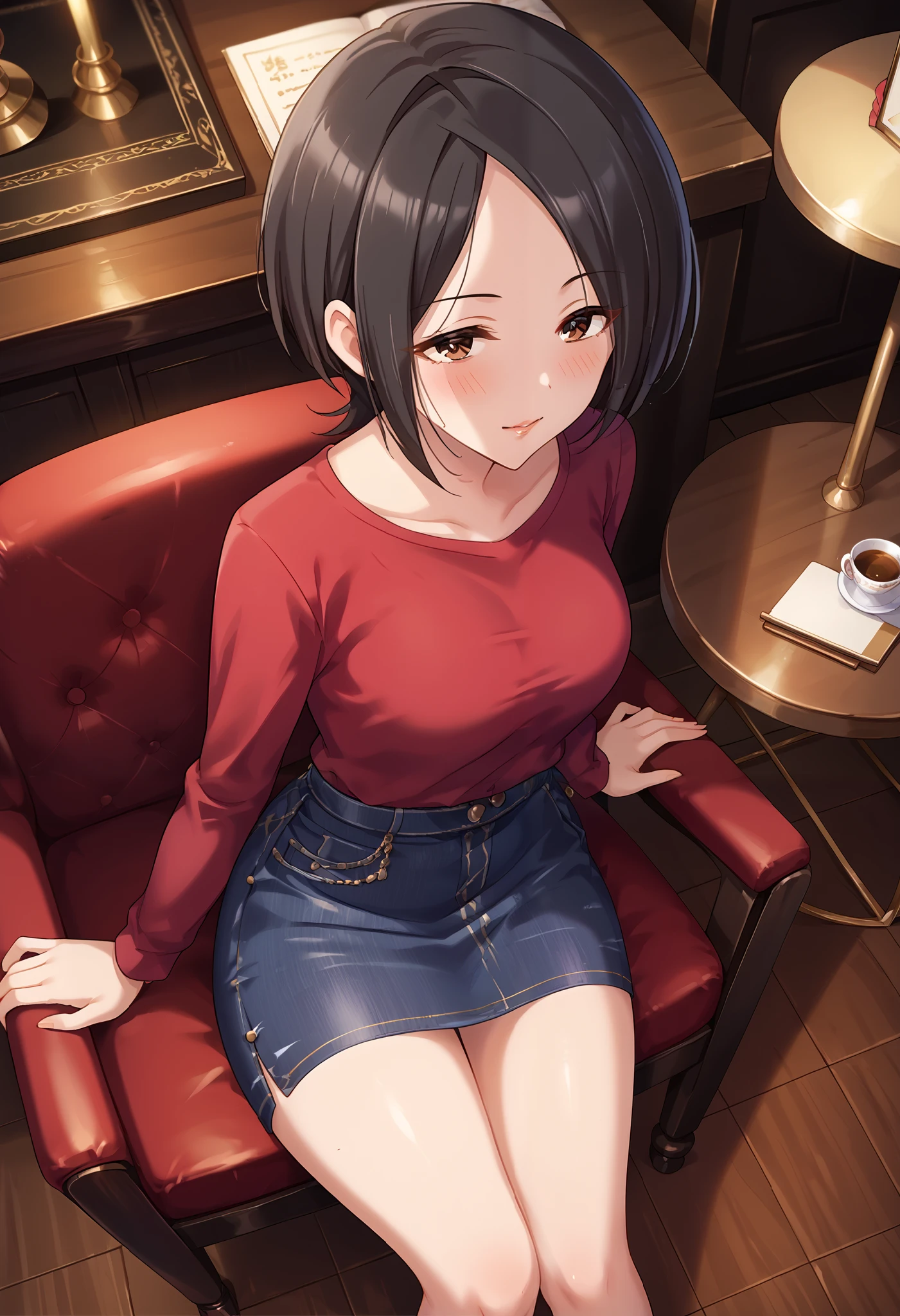 Tougou Ai、 red shirt、denim tight skirt、room、chair、(((Angle from Above)))、((Close-up))、night、 Ulchan-6500-v1.1, ( RAW photos :1.2),  beautiful detailed , very detailed目、Brown Eyes 、 The file size is large, High Resolution, very detailed, Highest quality, [masterpiece:1.6], Awareness-raising, very detailed, CG, finely, Highest quality, 8K wallpaper,  Perfect Body 、躍動感、very detailed、short hair、 black hair、blush、Slim and beautiful thighs、Bare legs