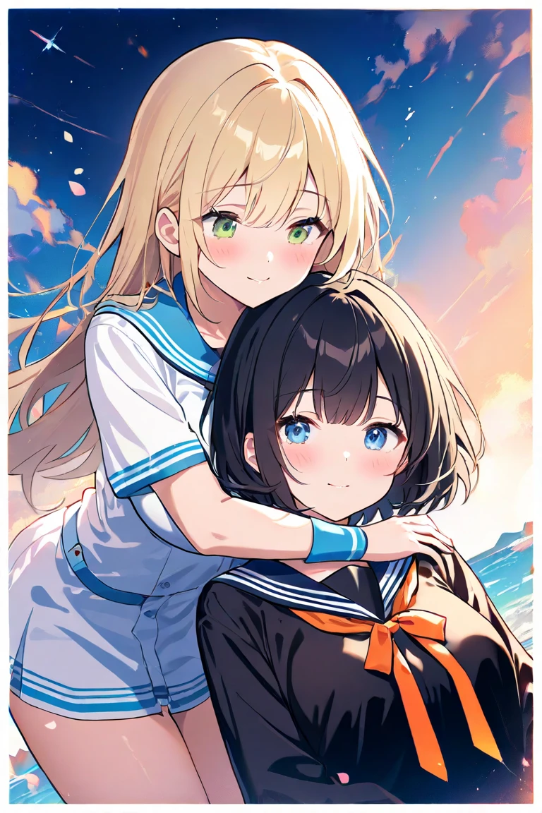 Two girls(( character for V21(long hair、blonde hair、Big Breasts、 green eyes、Fleeting、A pair of ribbons on the left and right)can be hugged from behind、peace of mind、peace、close eyes)))、(( character for V22(short hair、 black hair、 small tits、 blue eyes、Rin々Shii、Compassion) Hugs a Woman from Behind ))、Under the sunset sky、sailor suit( pale pink)、Dutch Angle、
