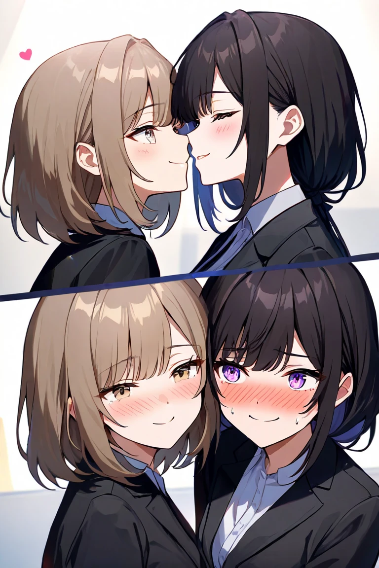 Two Women、young、Black Hair、Short Hair、Large Breasts、Showing cleavage、Wearing a suit、Open clothing、Kissing、Intertwining tongues、From the neck up、Bedroom